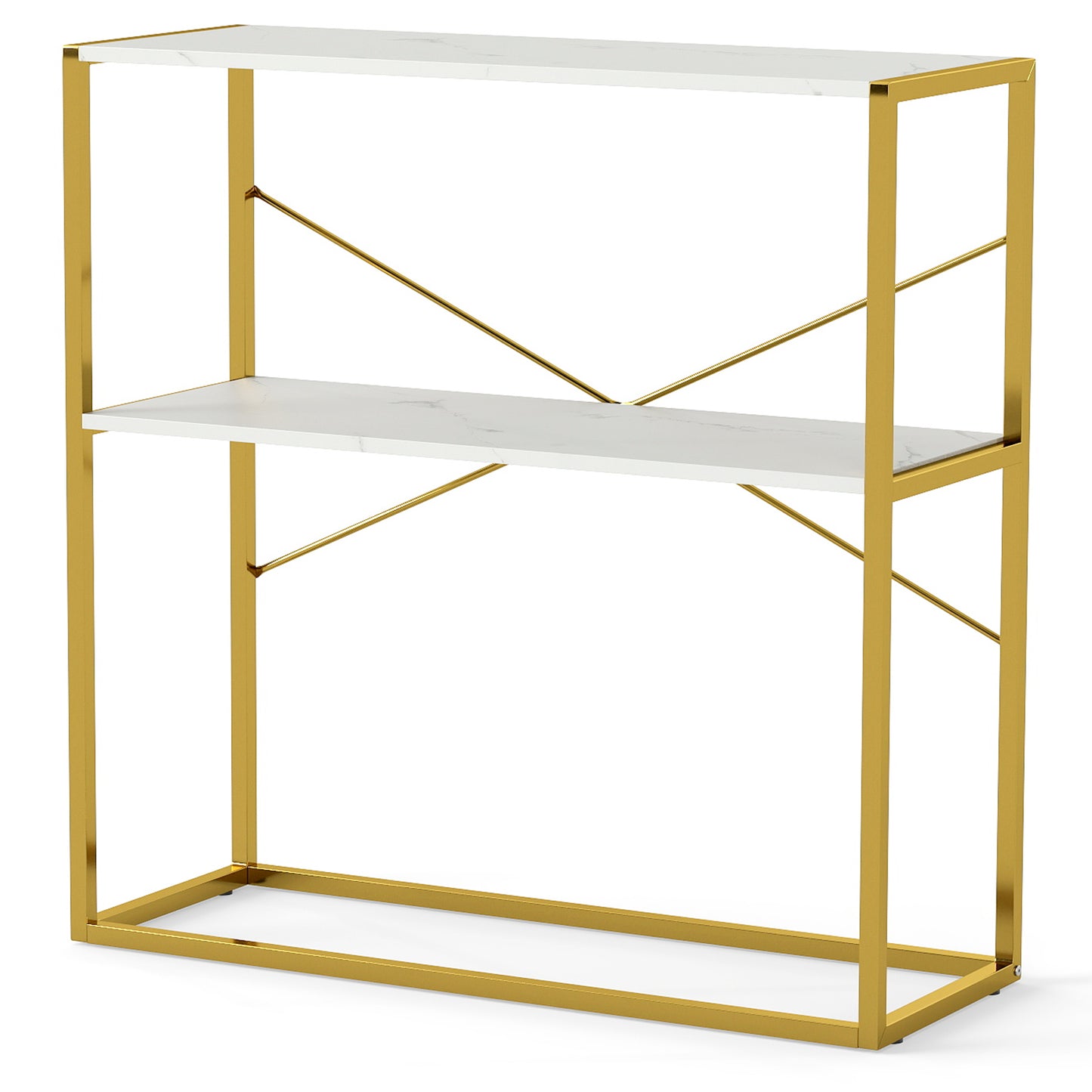 2-Tier Entryway Table with Marble Textured Open Shelves and Metal Frame-White & Golden