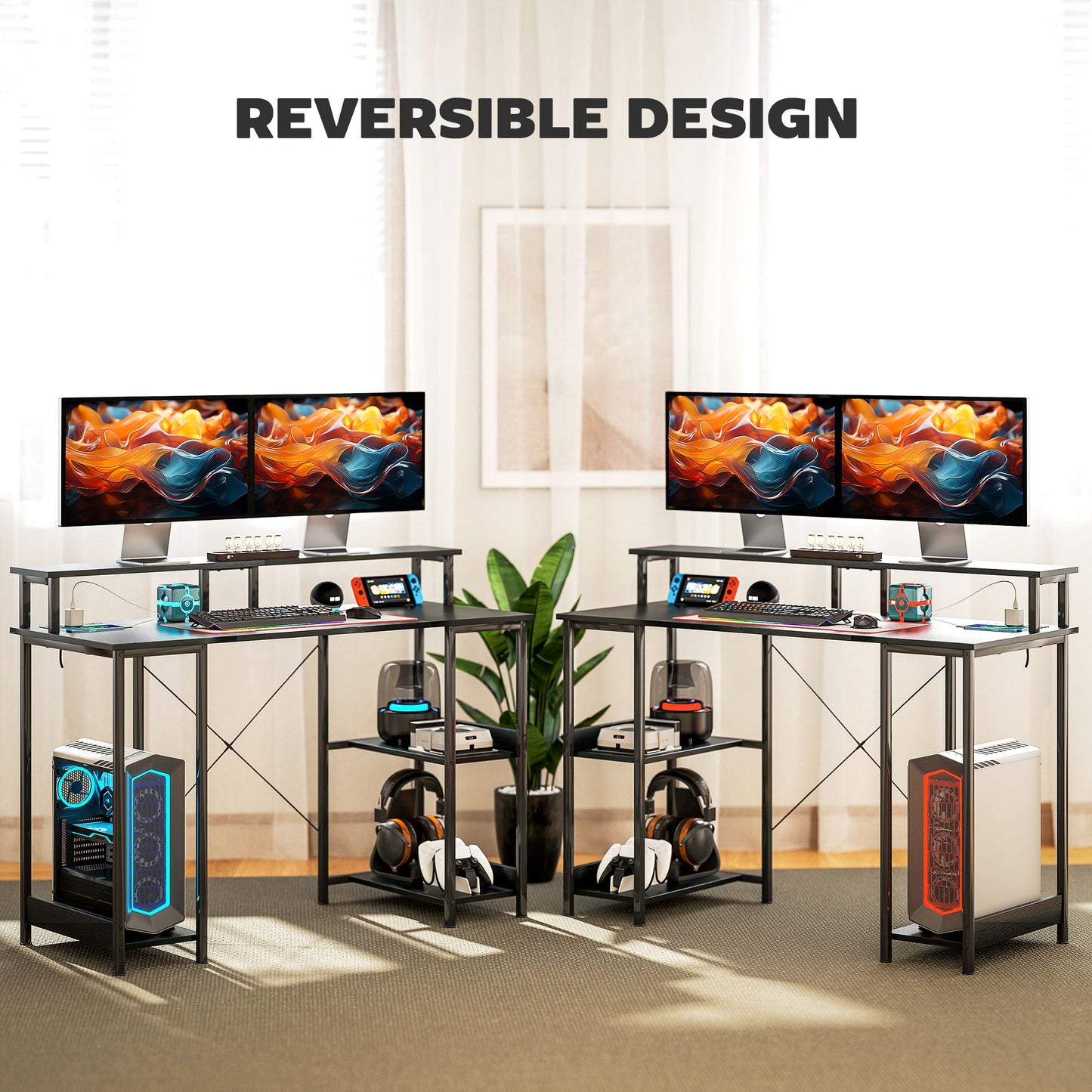 HOMCOM Computer Desk Reversible Home Office Desk with Storage Black