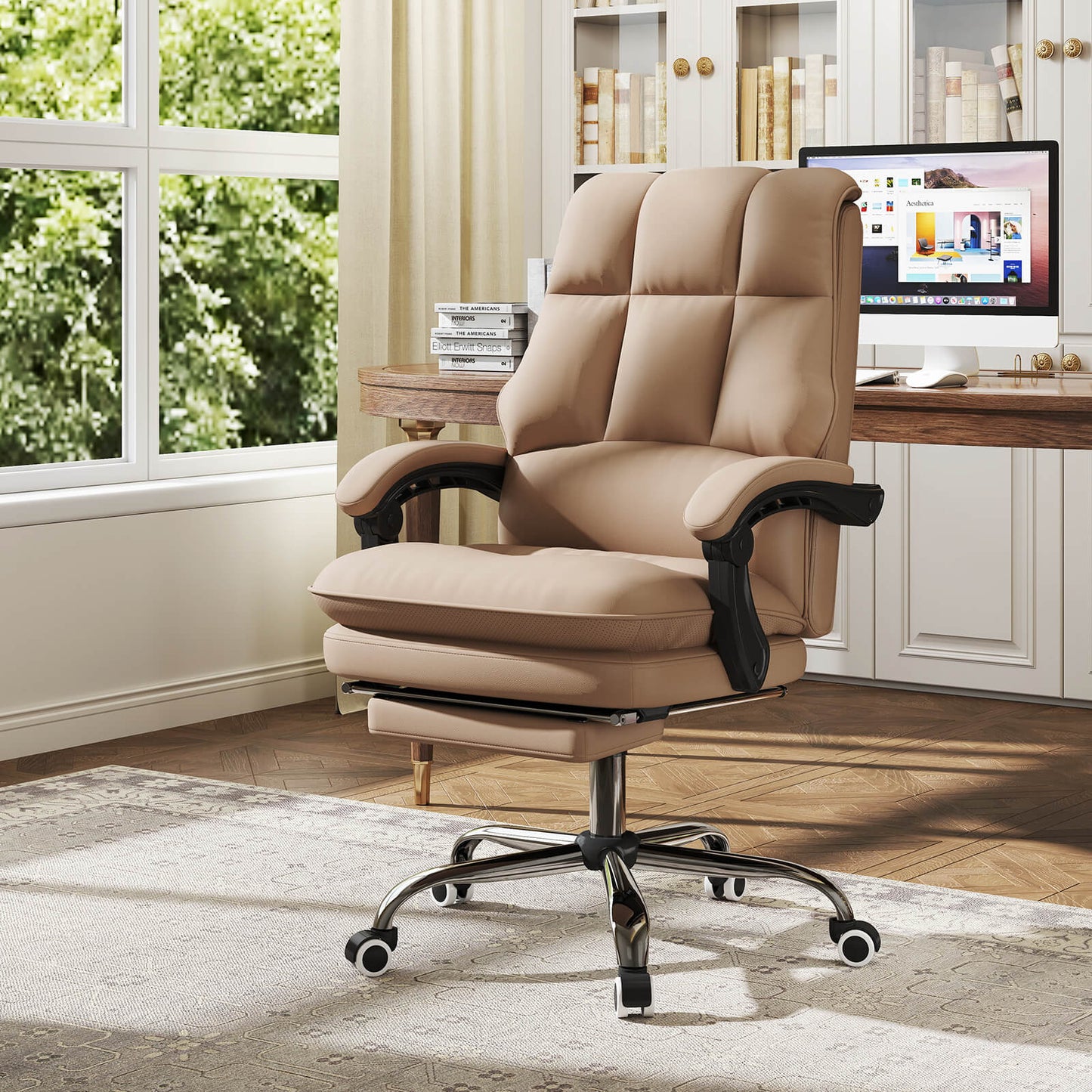 Ergonomic Office Chair PU Leather Adjustable Swivel with Reclining Backrest-White