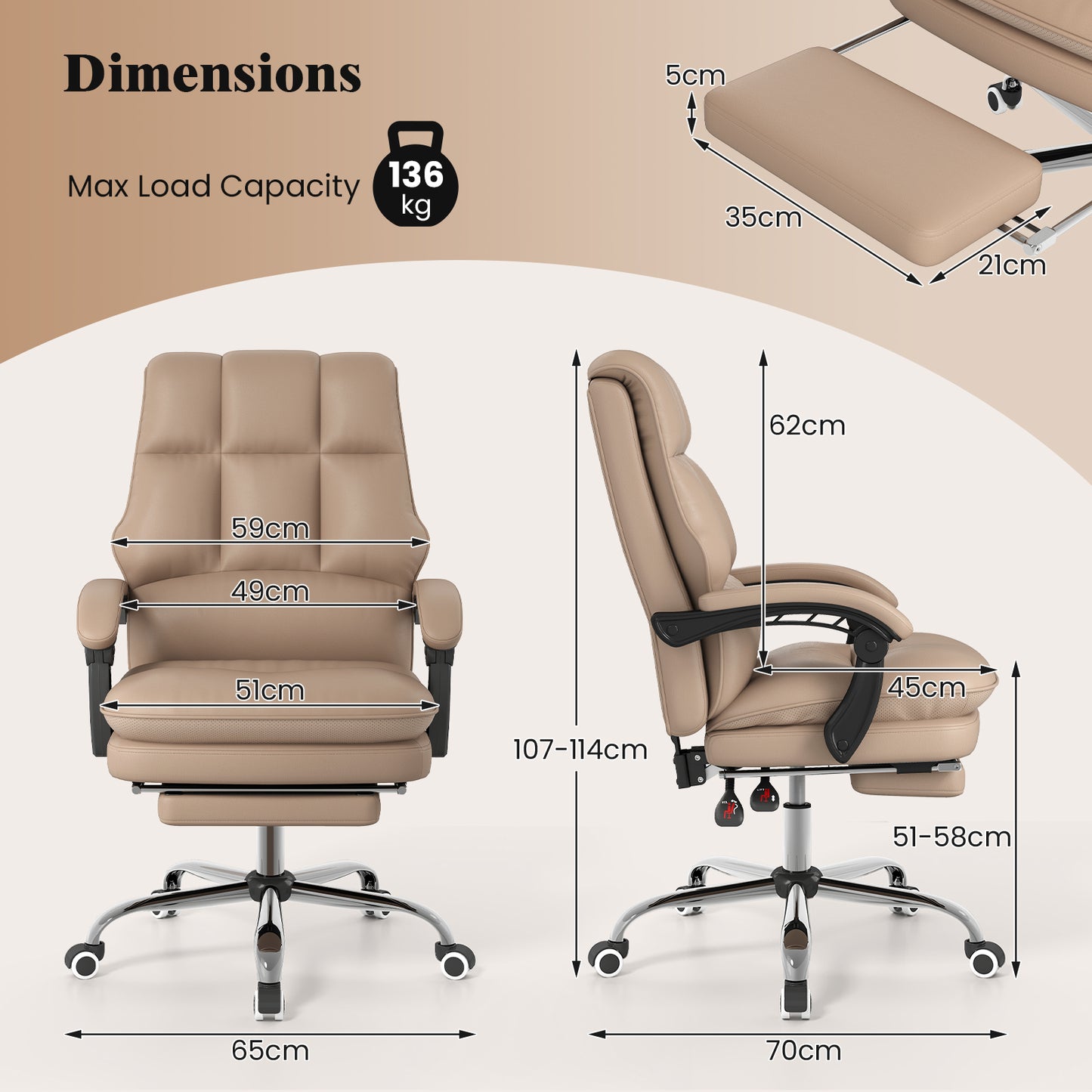 Ergonomic Office Chair PU Leather Adjustable Swivel with Reclining Backrest-White