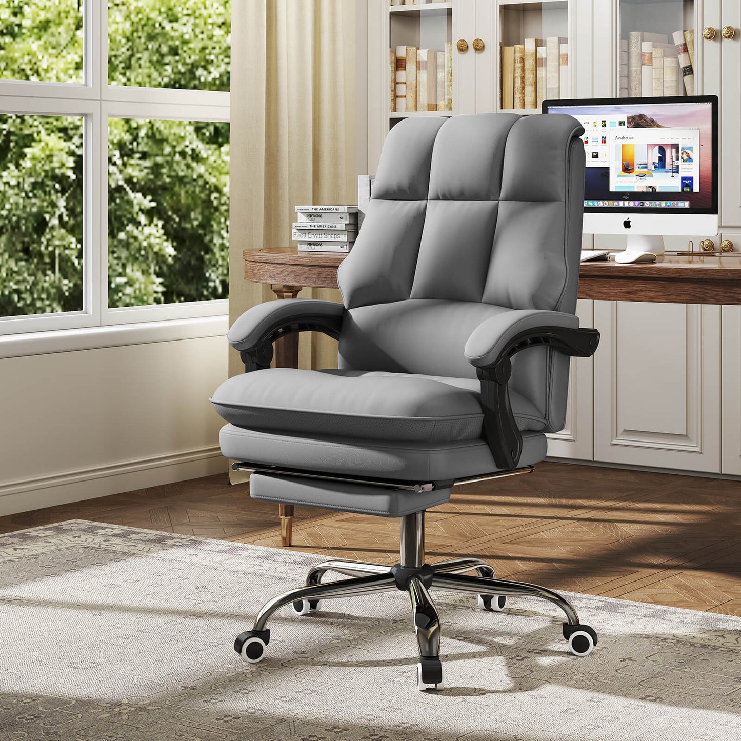 Ergonomic Office Chair PU Leather Adjustable Swivel with Reclining Backrest-White