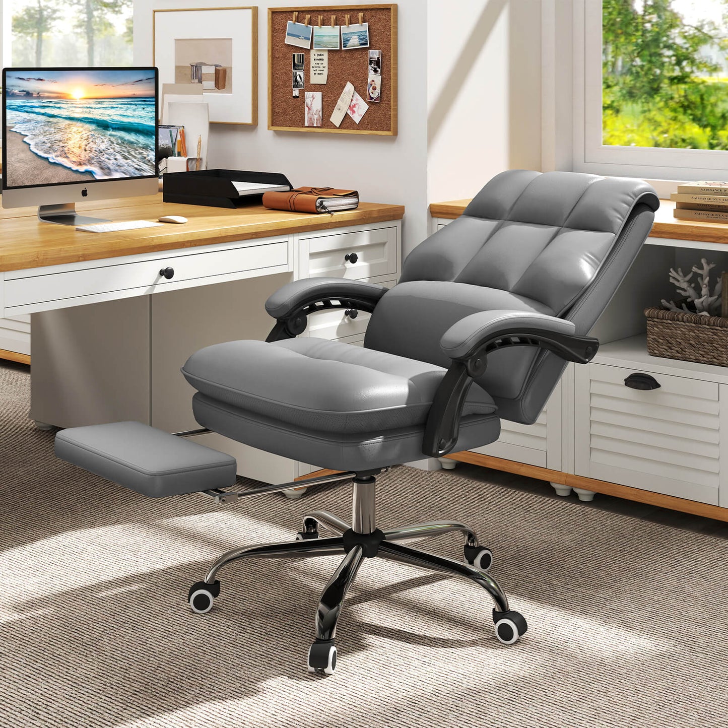 Ergonomic Office Chair PU Leather Adjustable Swivel with Reclining Backrest-White