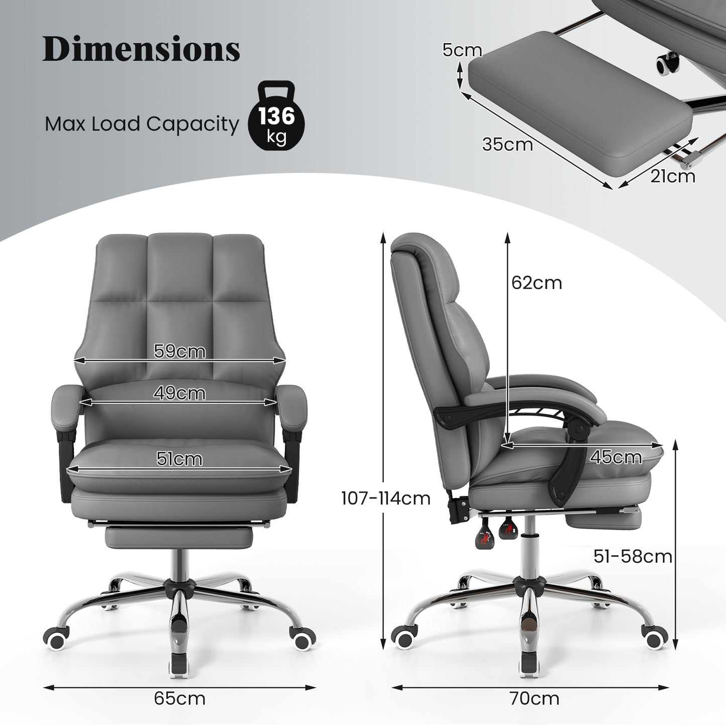 Ergonomic Office Chair PU Leather Adjustable Swivel with Reclining Backrest-White