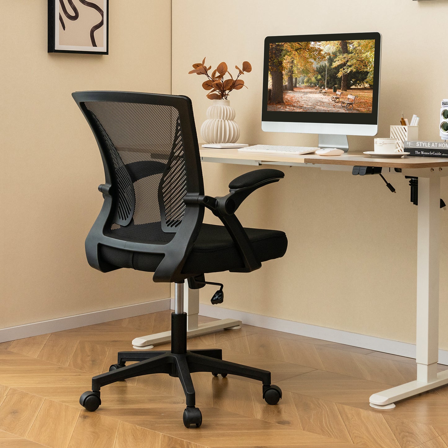 Ergonomic Office Chair Adjustable Swivel Task Chair with Flip-Up Armrests-Black