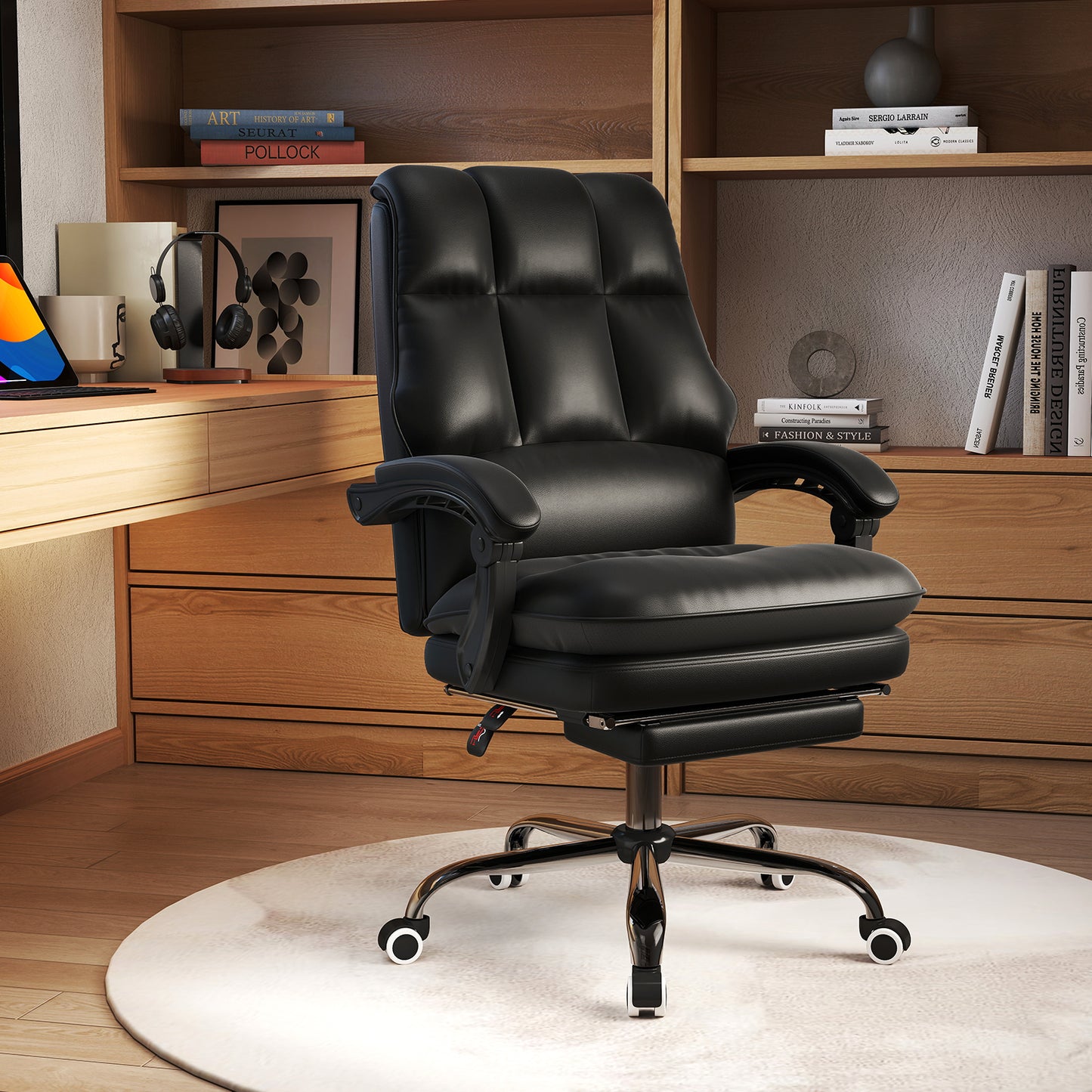 Ergonomic Office Chair PU Leather Adjustable Swivel with Reclining Backrest-White