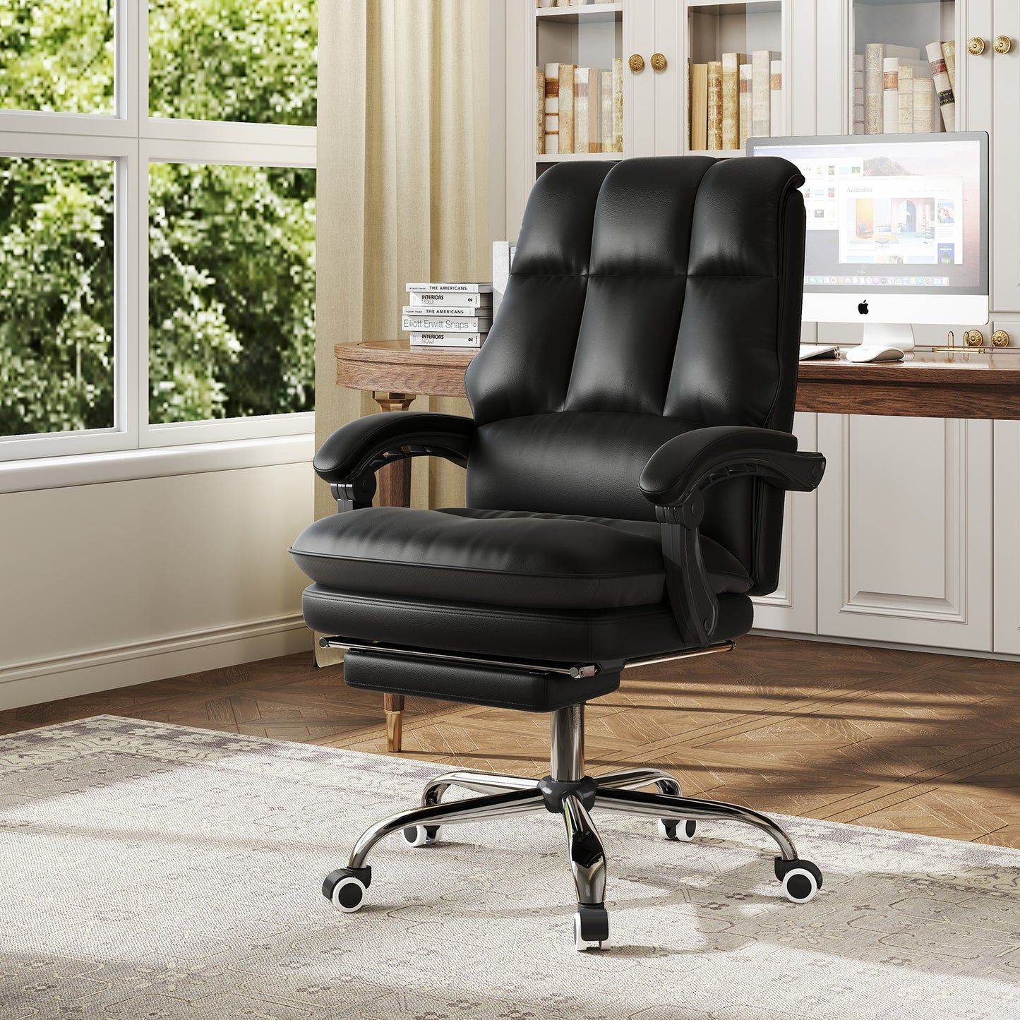 Ergonomic Office Chair PU Leather Adjustable Swivel with Reclining Backrest-White