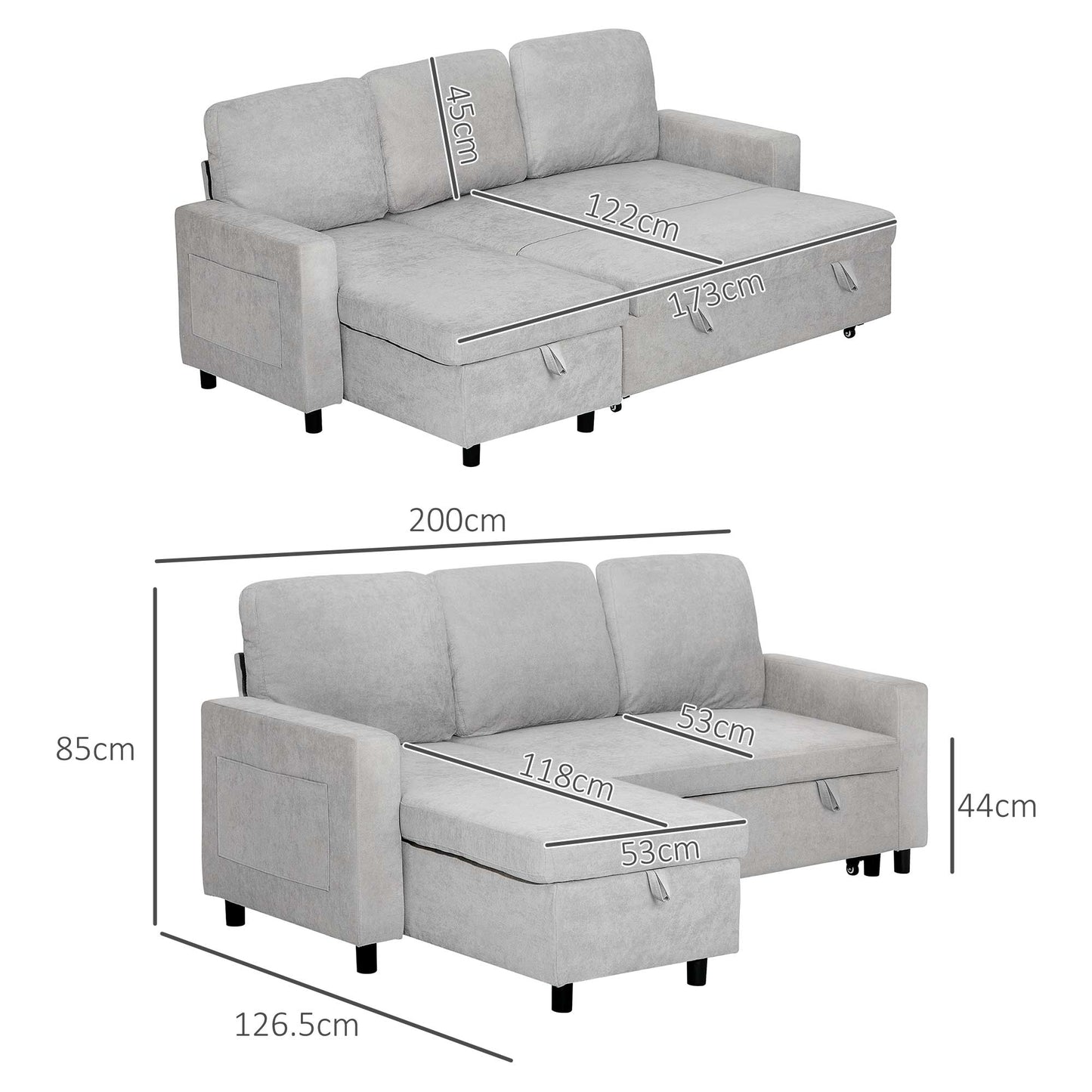 HOMCOM Pull Out Sofa Bed L Shape Corner Sofa w/ Reversible Chaise