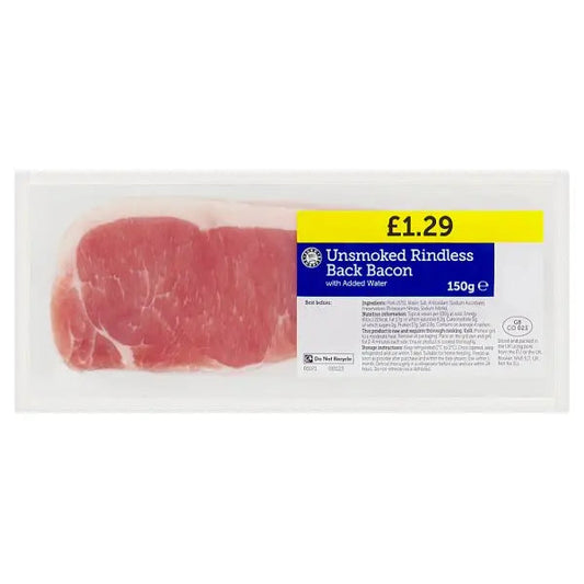 Euro Shopper Unsmoked Rindless Back Bacon with Added Water 150g