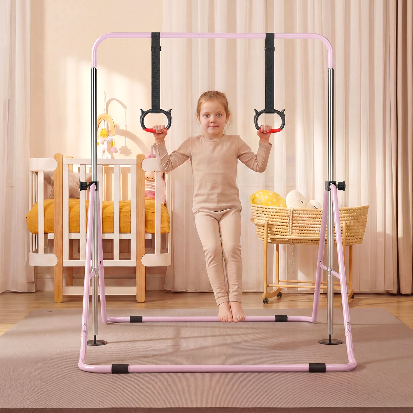 Expandable Gymnastic Bar for Kids 4-Level Height Adjustable Gymnastic Bar-Beige