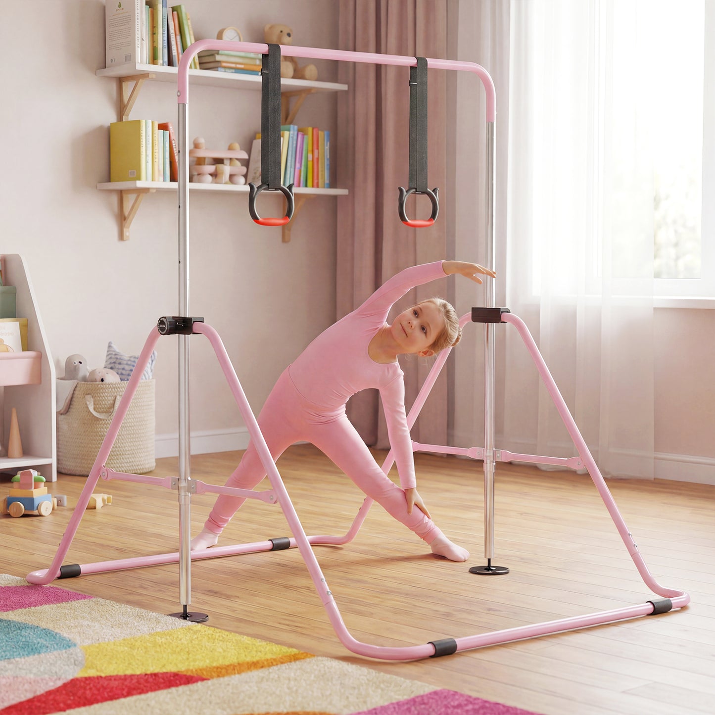 Expandable Gymnastic Bar for Kids 4-Level Height Adjustable Gymnastic Bar-Beige