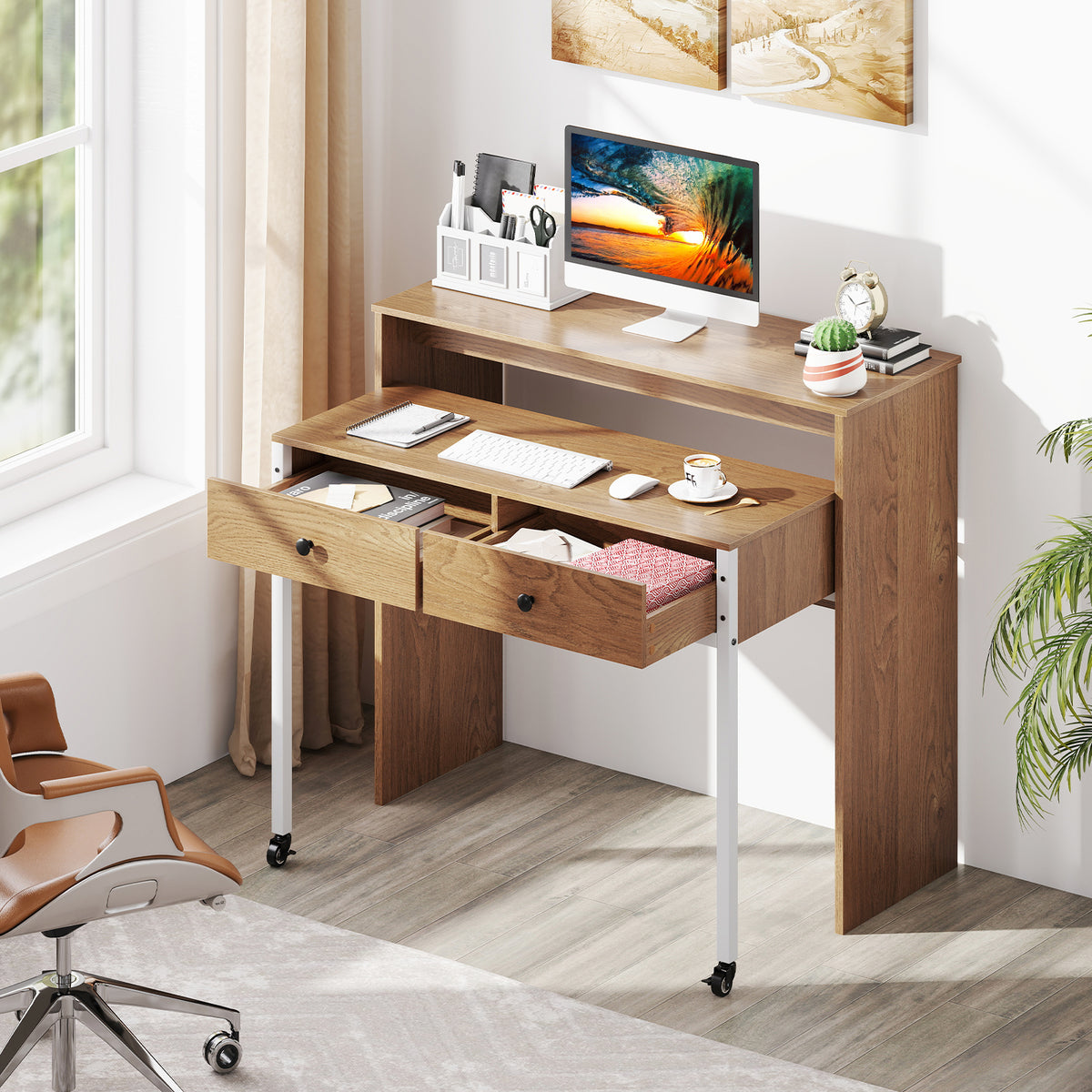 Extendable Computer Desk with 2 Storage Drawers Convertible Home Office Desk -Black