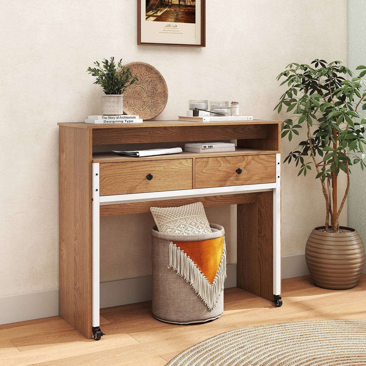 Extendable Computer Desk with 2 Storage Drawers Convertible Home Office Desk -Black