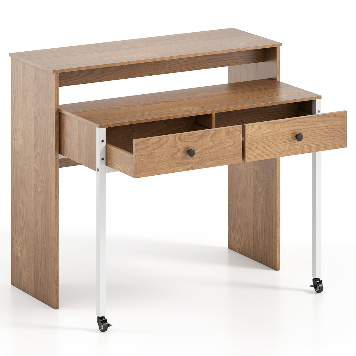 Extendable Computer Desk with 2 Storage Drawers Convertible Home Office Desk -Black