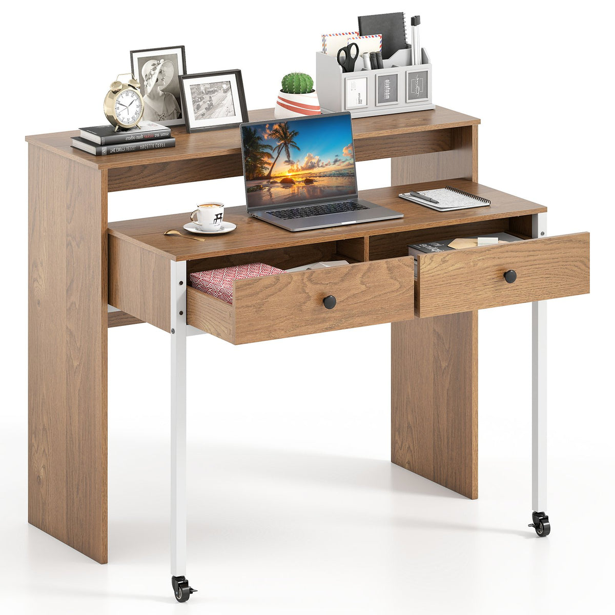 Extendable Computer Desk with 2 Storage Drawers Convertible Home Office Desk -Black