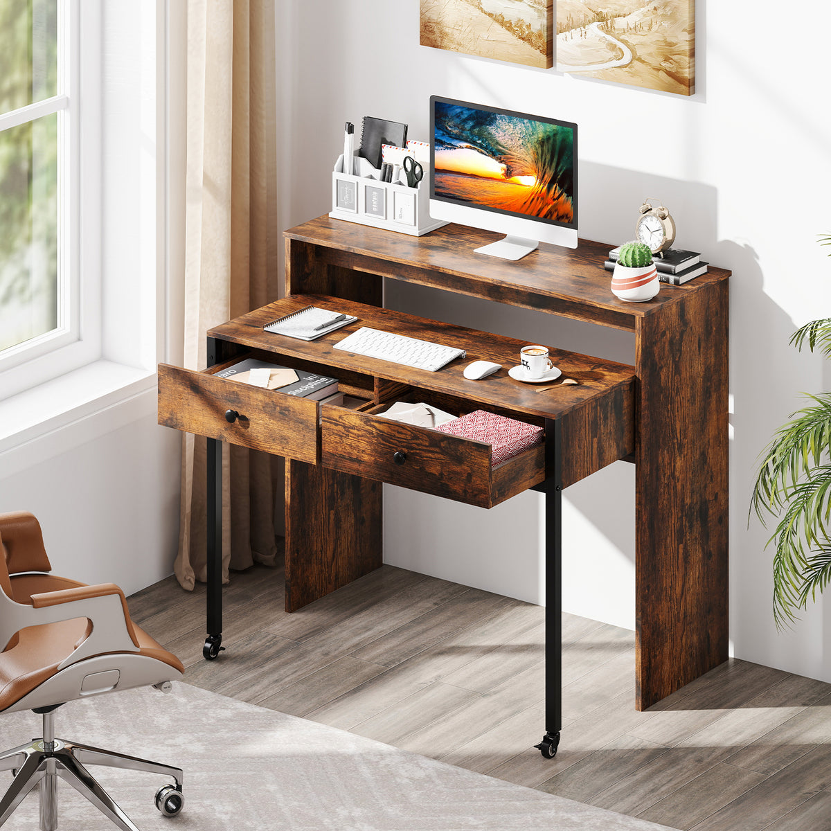 Extendable Computer Desk with 2 Storage Drawers Convertible Home Office Desk -Black