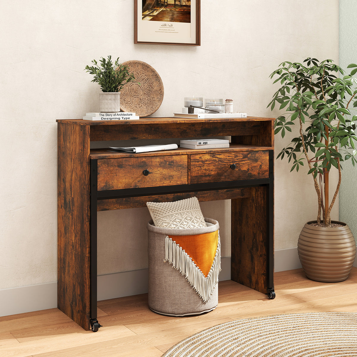 Extendable Computer Desk with 2 Storage Drawers Convertible Home Office Desk -Black
