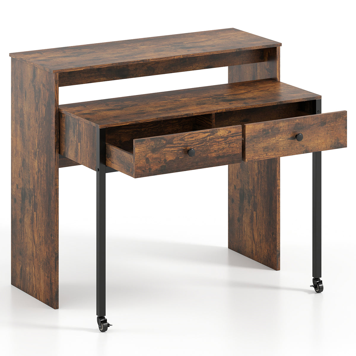 Extendable Computer Desk with 2 Storage Drawers Convertible Home Office Desk -Black