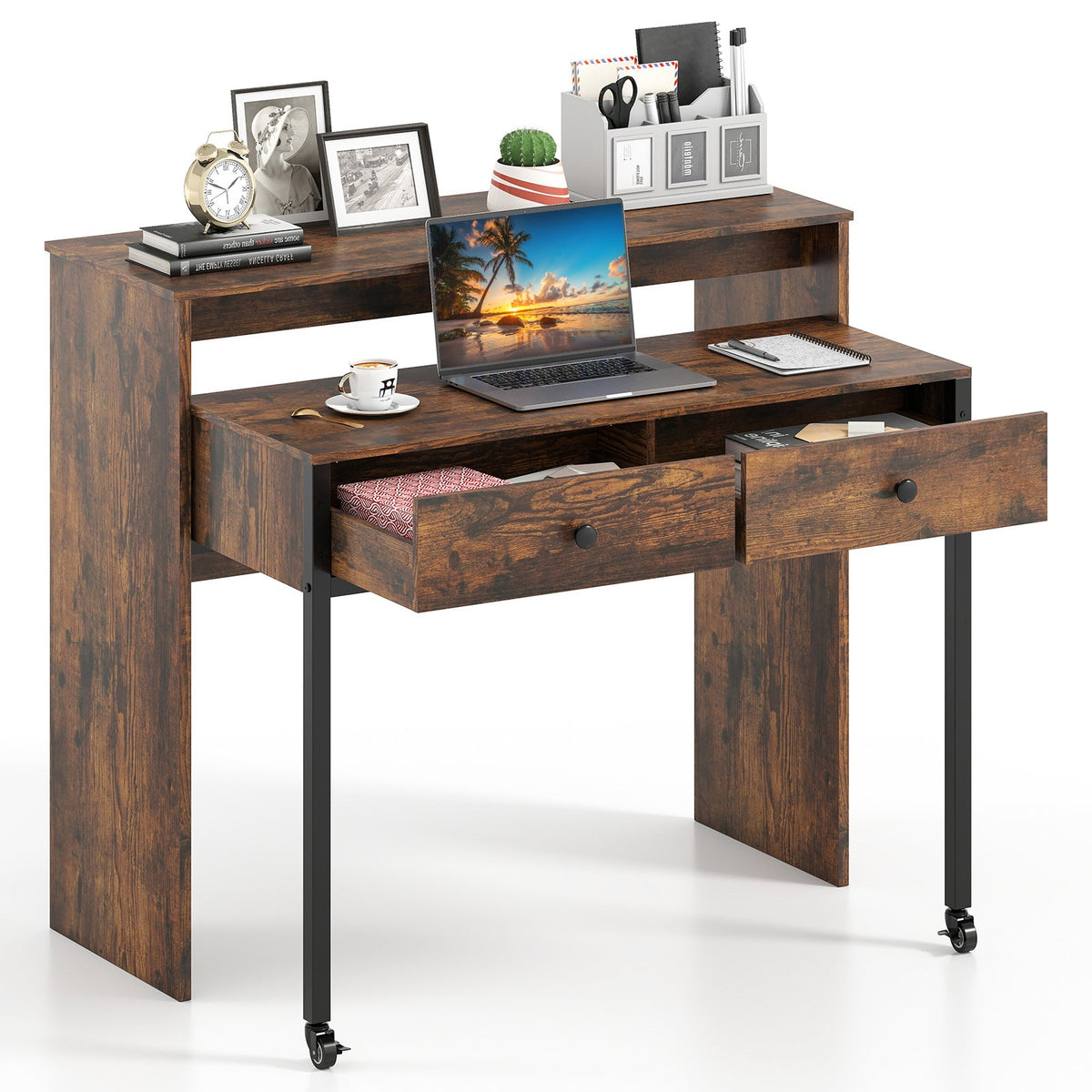 Extendable Computer Desk with 2 Storage Drawers Convertible Home Office Desk -Black