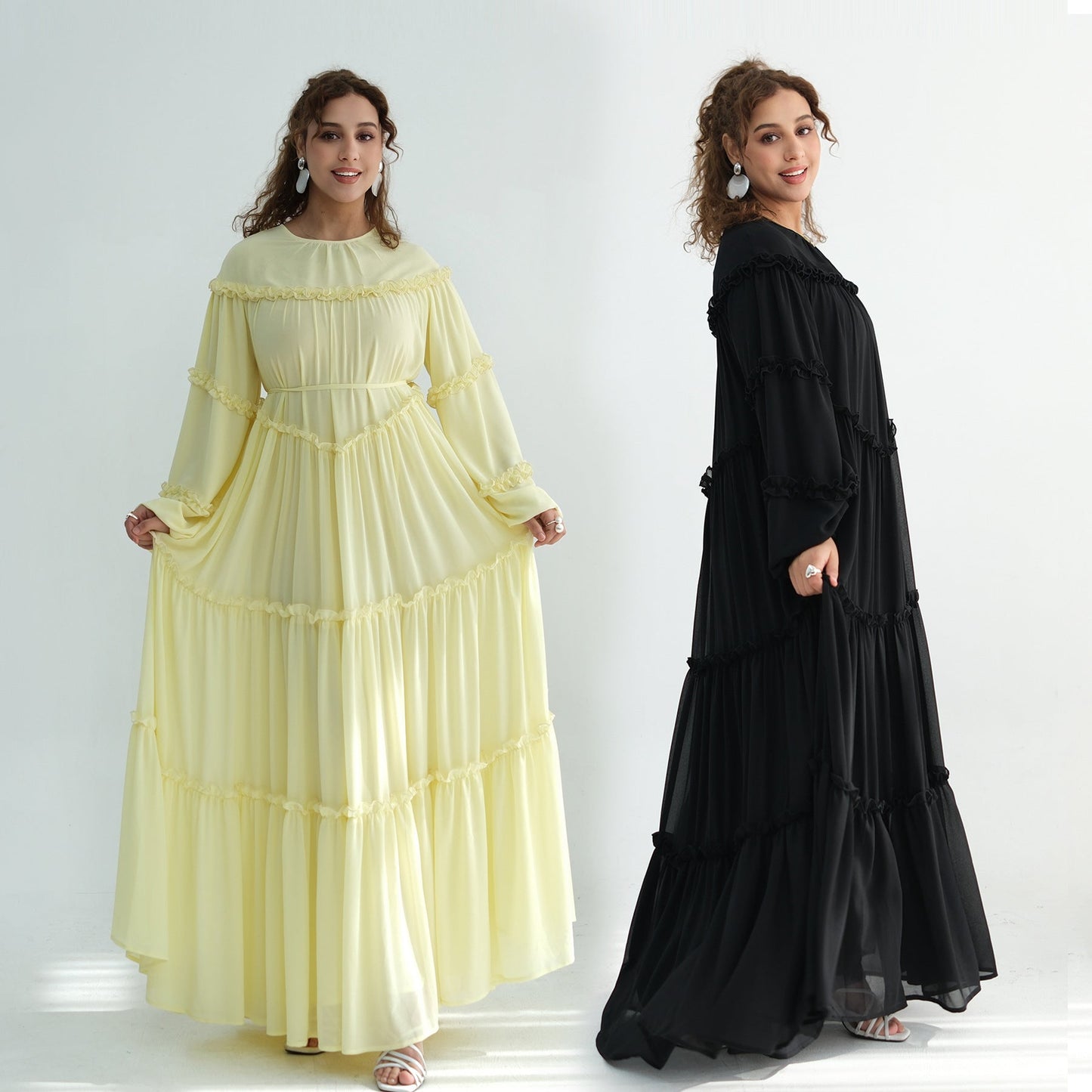 Lace-Trimmed Tiered Modest Dress - Long Sleeve A-Line Maxi