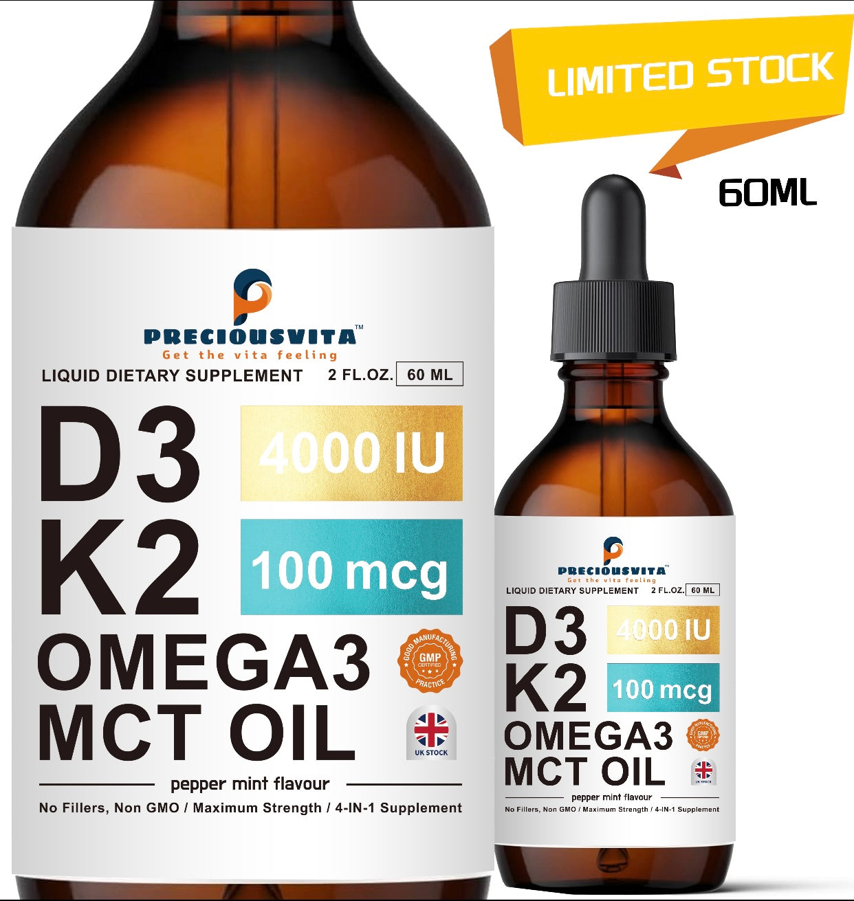 Preciousvita Vitamin D3K2 Liquid Drops,Vitamin D3:4000iu & Vitamin K2:100MCG,Peppermint Flavoured, 60ml