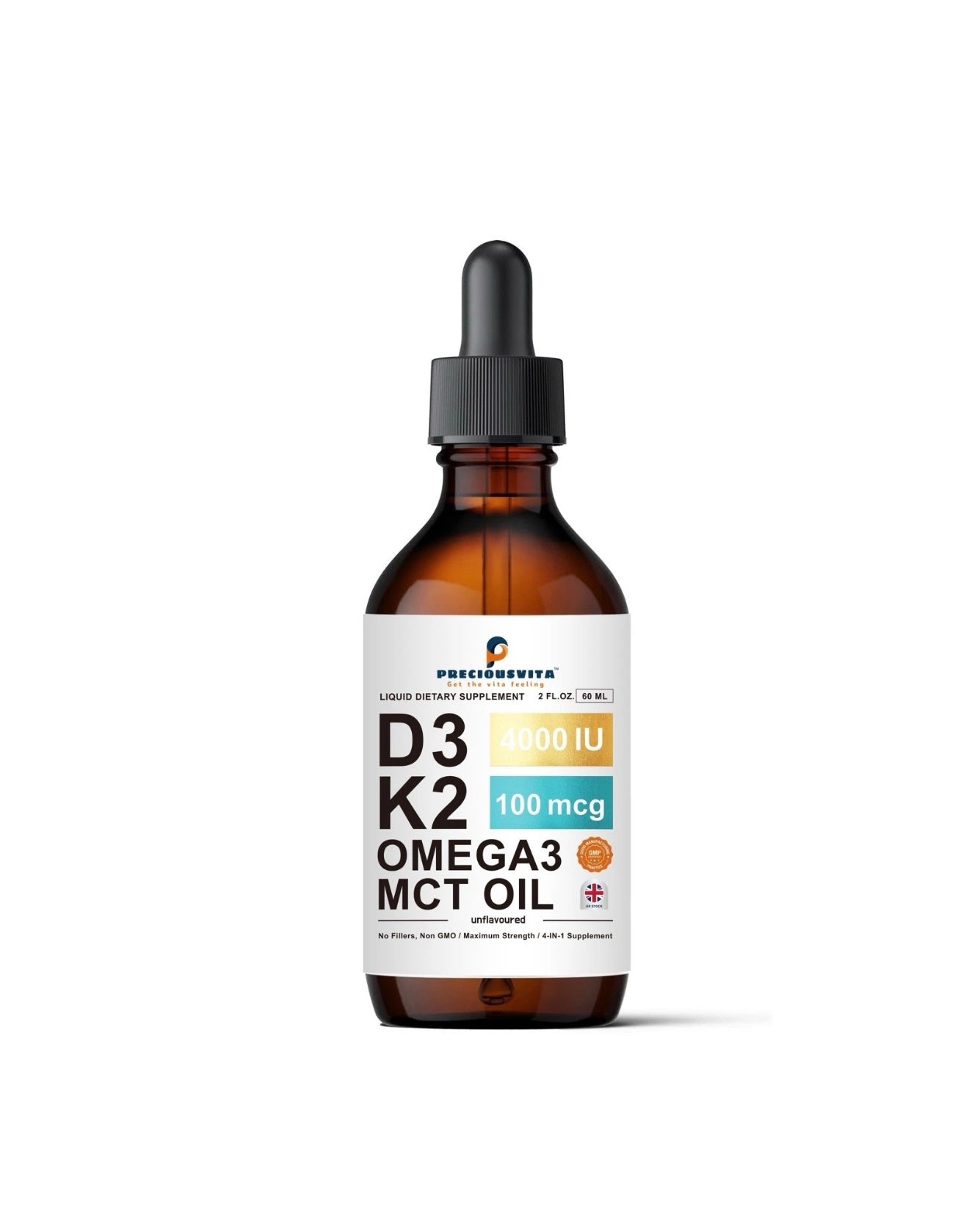 Preciousvita Vitamin D3K2 Liquid Drops,Vitamin D3 4000iu & Vitamin K2 100MCG,Unflavoured,60ml