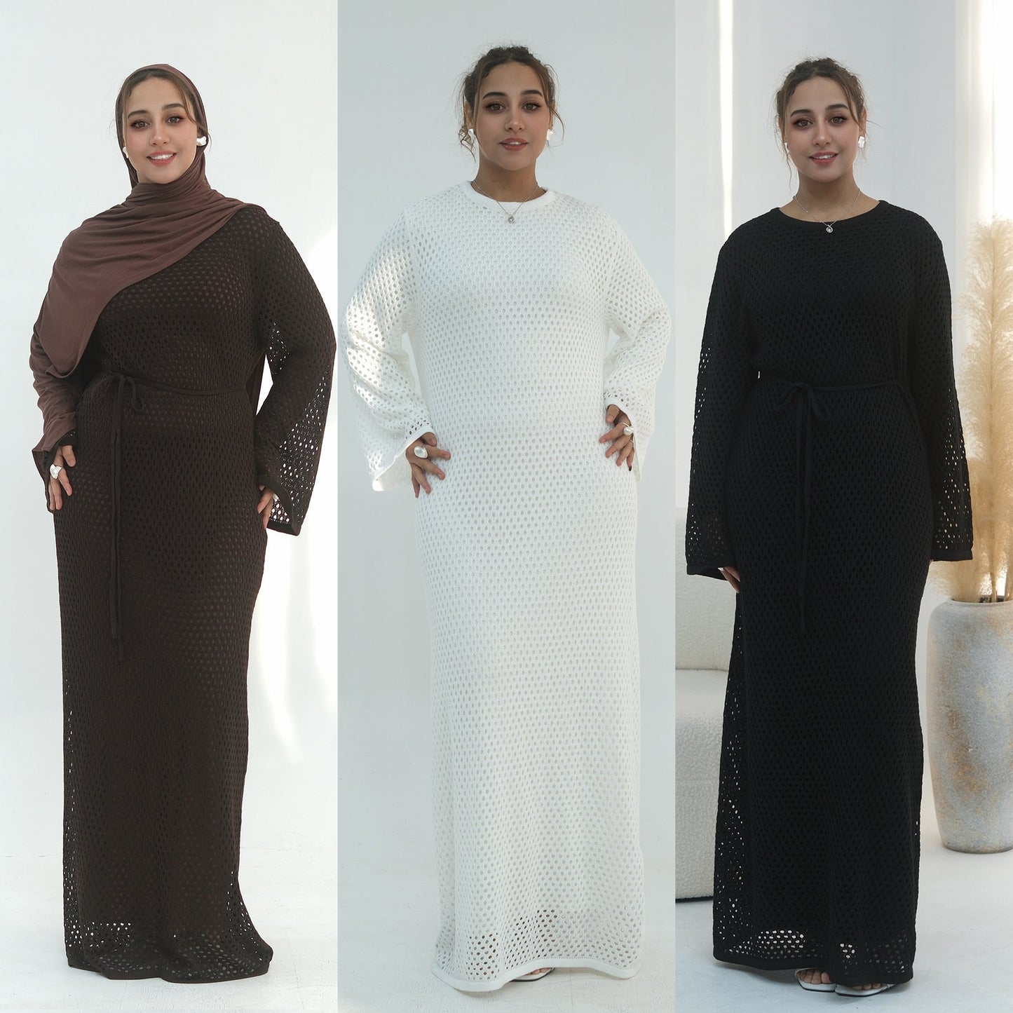 Elegant Hollow-Out Knit Dress - Modest A-Line Long Sleeve