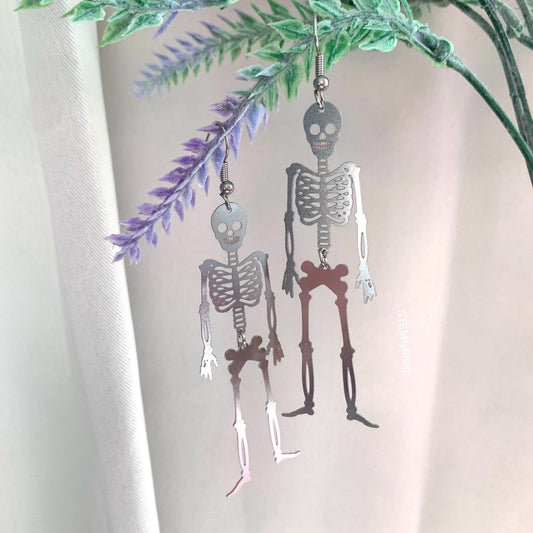 Stainless steel anatomy skeleton moving silver earrings