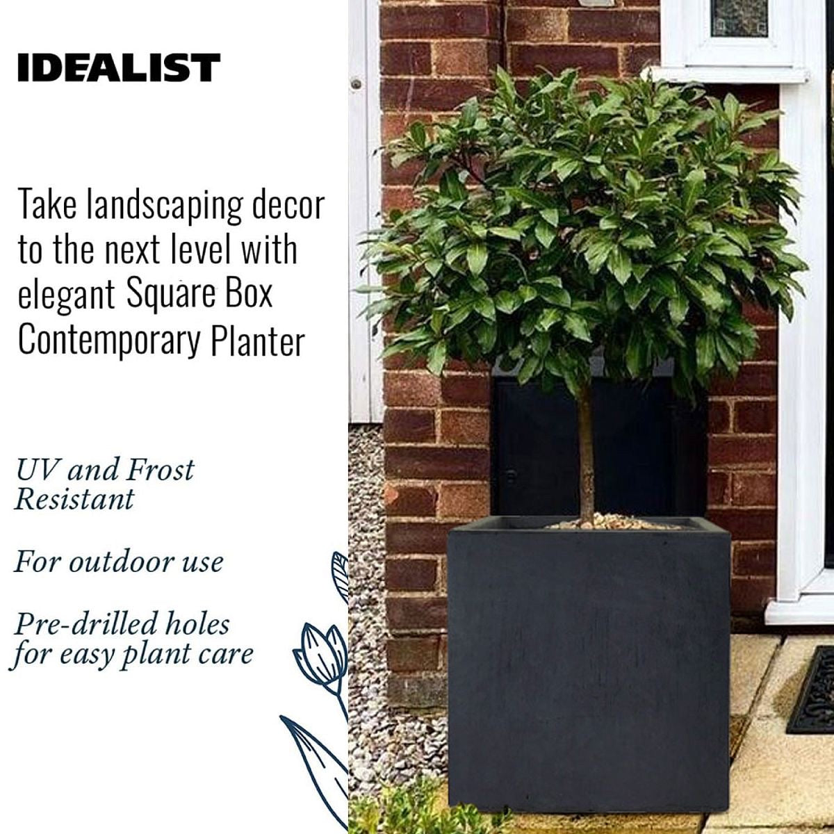 IDEALIST Lite Contemporary Flower Box Square Garden Planter, Faux Lead Light Concrete Outdoor Large Plant Pot H60 L60 W60 cm, 195L
