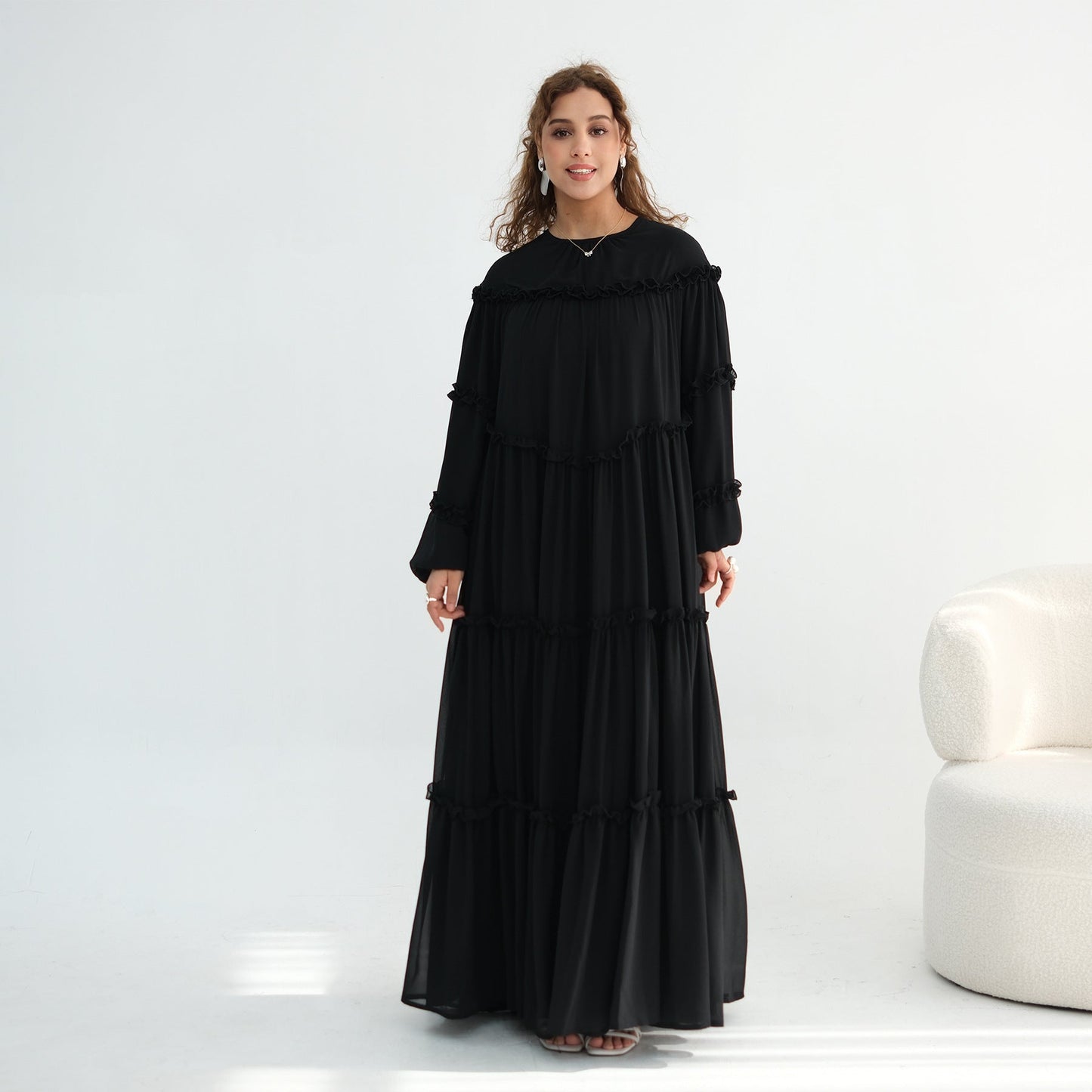 Lace-Trimmed Tiered Modest Dress - Long Sleeve A-Line Maxi