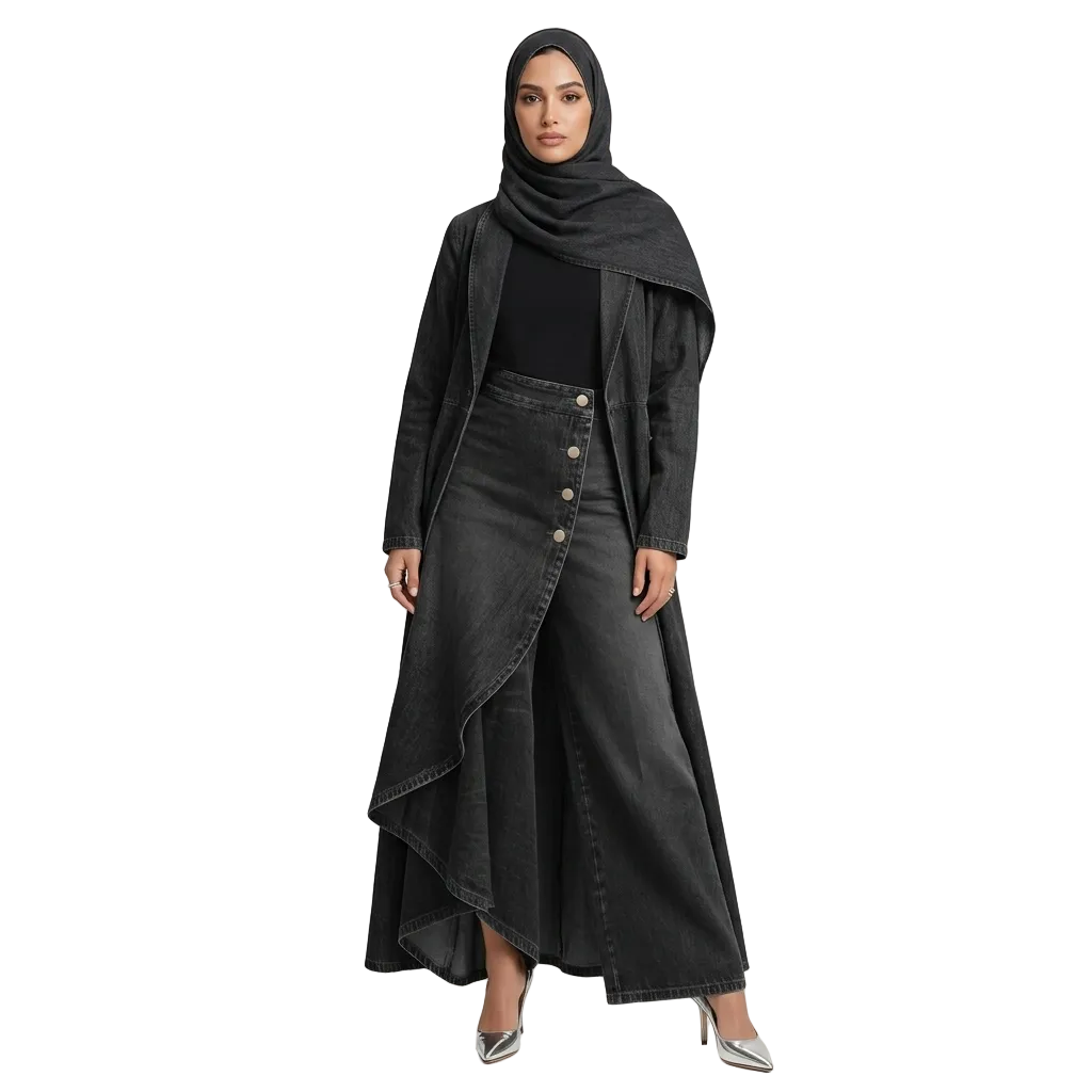Ruffled Buttoned Trousers, Women's Faux Denim Pants| Premium Modest Fashion
