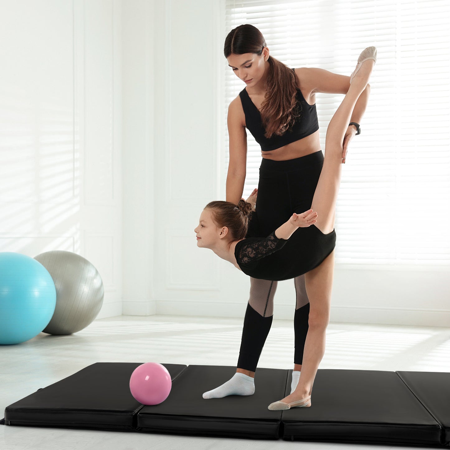 Folding Gymnastics Mat with Carry Handles Hook and Loop Fasteners-Blue