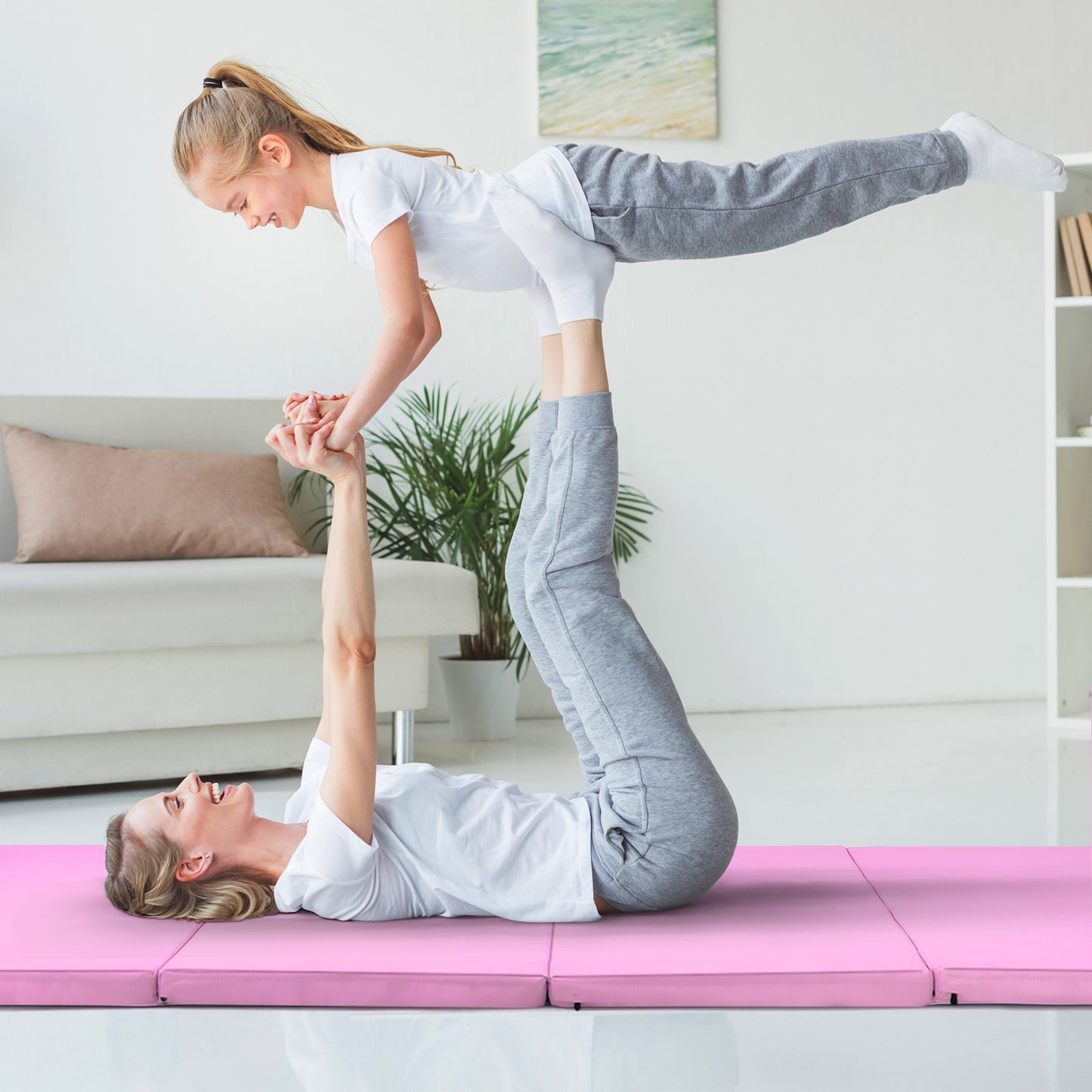 Folding Gymnastics Mat with Carry Handles Hook and Loop Fasteners-Blue