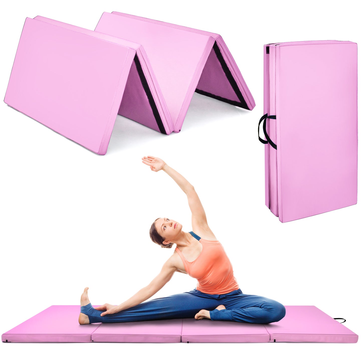 Folding Gymnastics Mat with Carry Handles Hook and Loop Fasteners-Blue