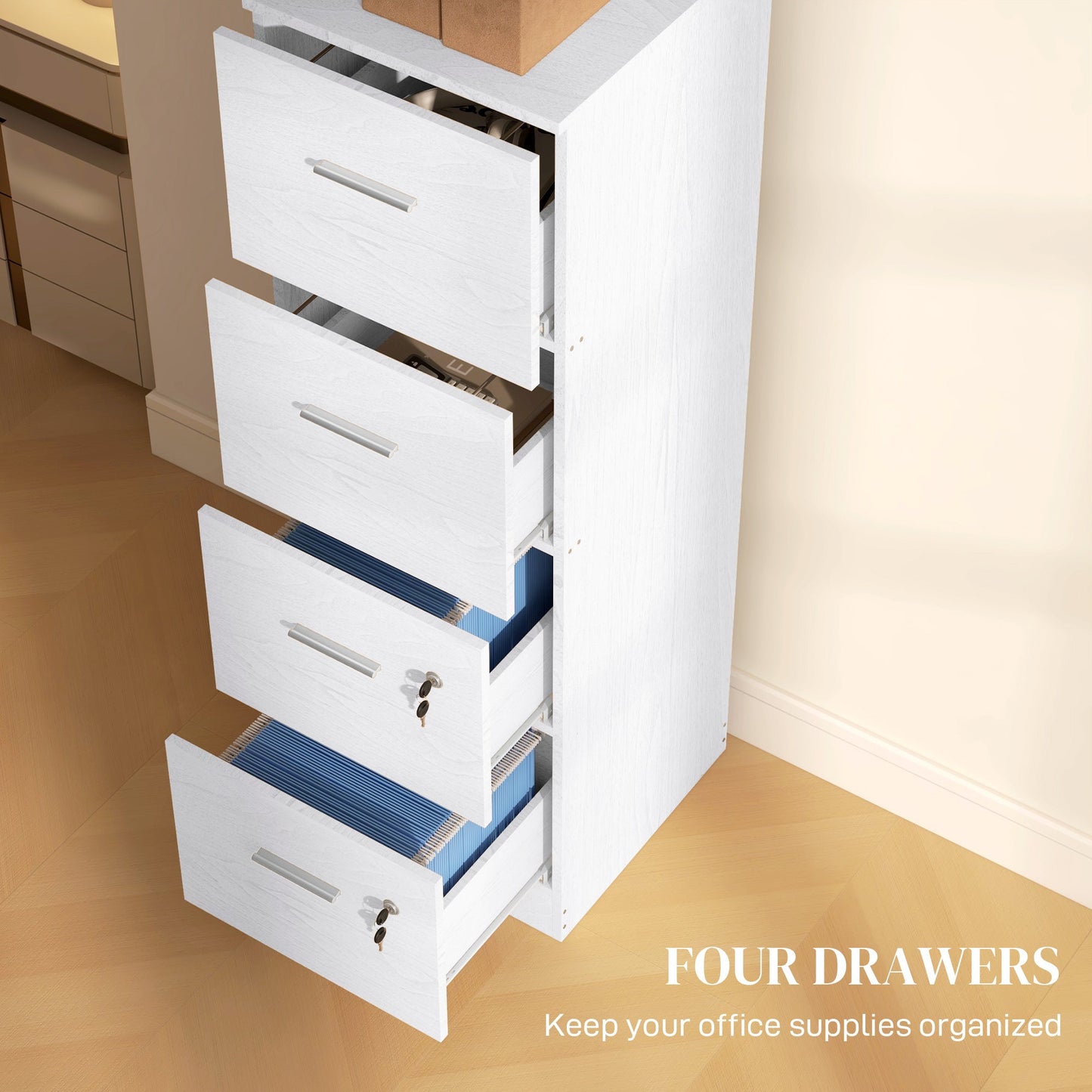 HOMCOM 4 Drawer File Cabinet Locking Filing Cabinet, Black Wood Effect