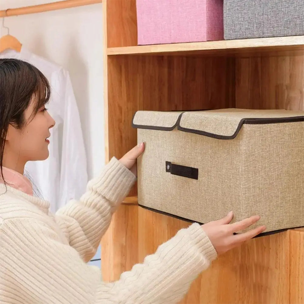 Fabric Foldable Storage Box with Double Lid – Large Covered Home Organiser Boxes