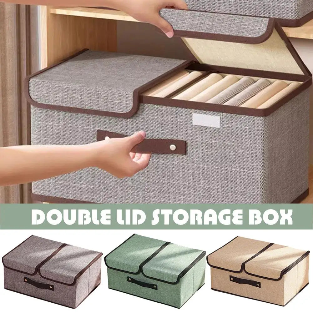 Fabric Foldable Storage Box with Double Lid – Large Covered Home Organiser Boxes