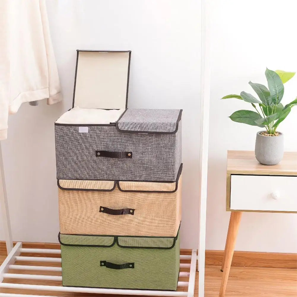 Fabric Foldable Storage Box with Double Lid – Large Covered Home Organiser Boxes