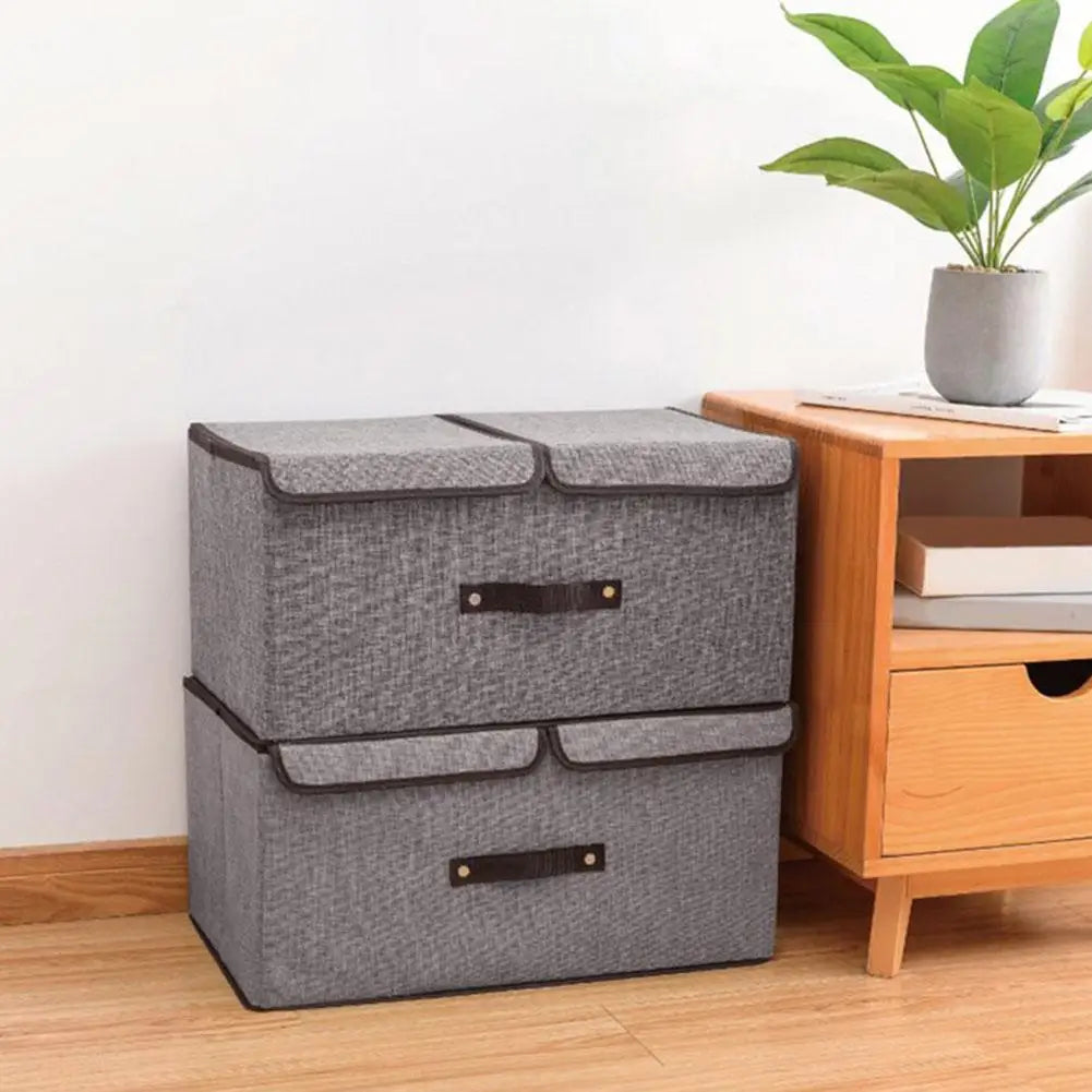 Fabric Foldable Storage Box with Double Lid – Large Covered Home Organiser Boxes