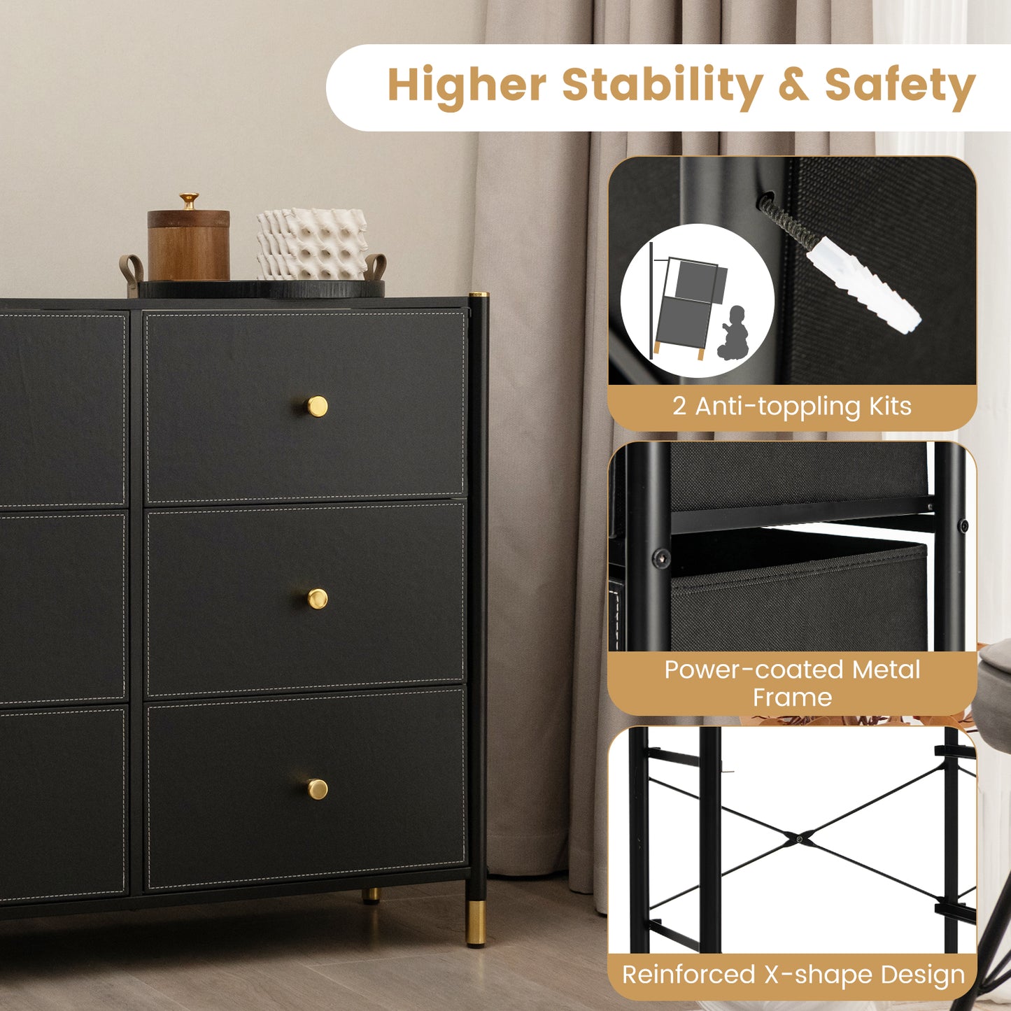 Fabric Dresser Tower for Bedroom with Drawers and Metal Frame-4-Tier