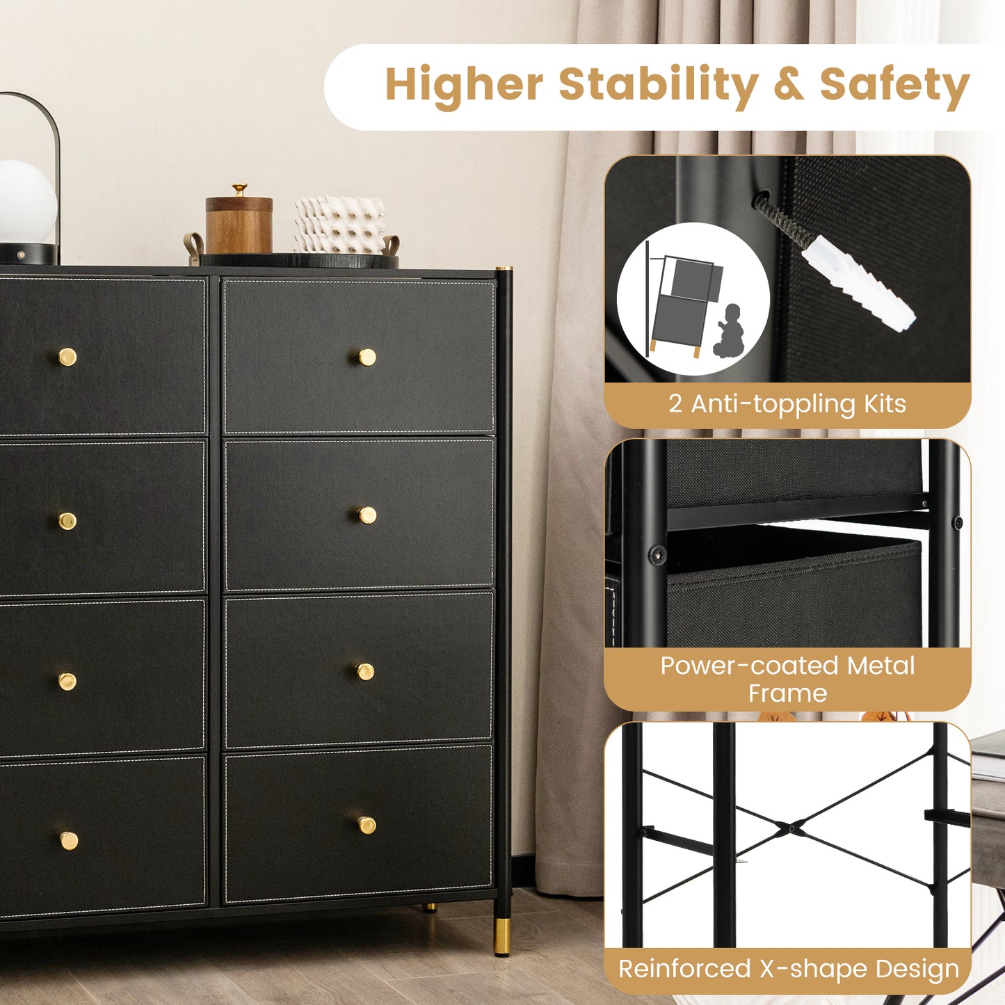 Fabric Dresser Tower for Bedroom with Drawers and Metal Frame-4-Tier