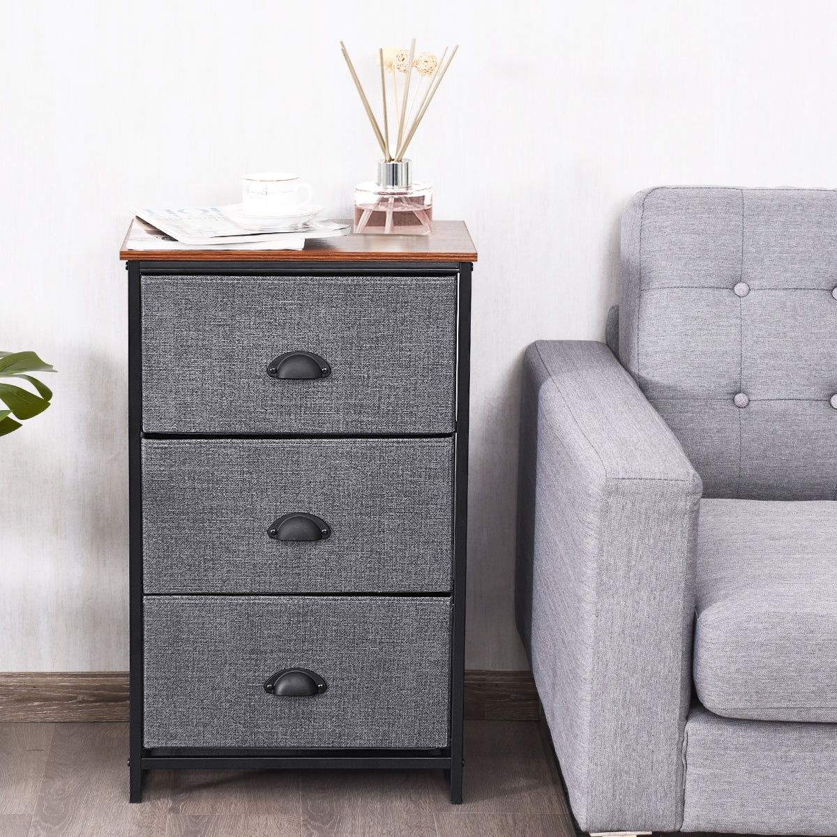3/4 Fabric Nightstand Bedside Storage Cabinet Folding Drawers-4-Tier-Black