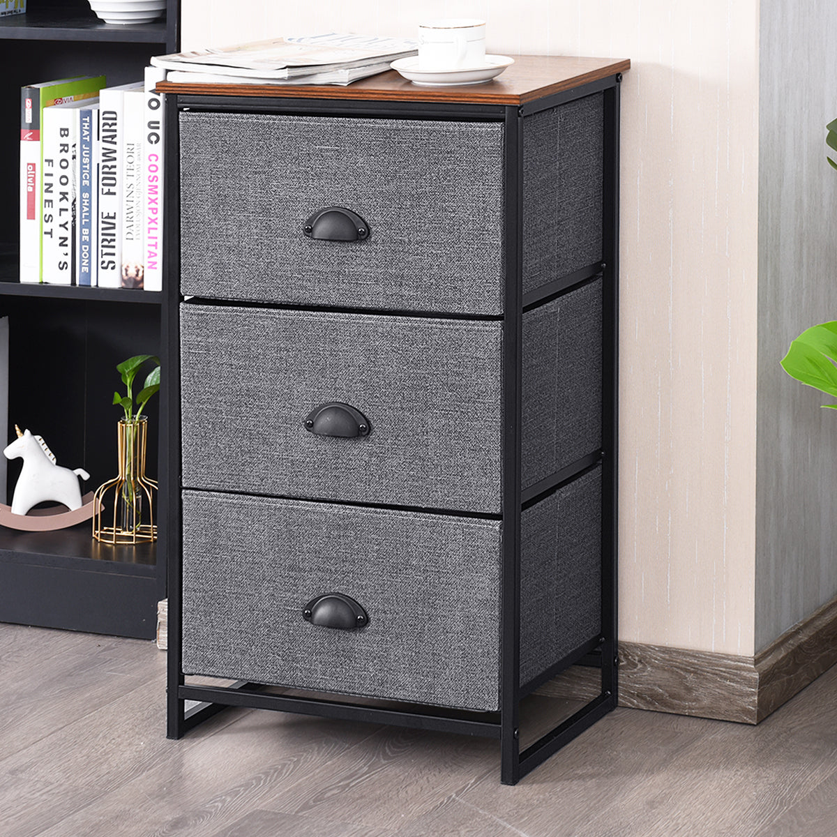 3/4 Fabric Nightstand Bedside Storage Cabinet Folding Drawers-4-Tier-Black
