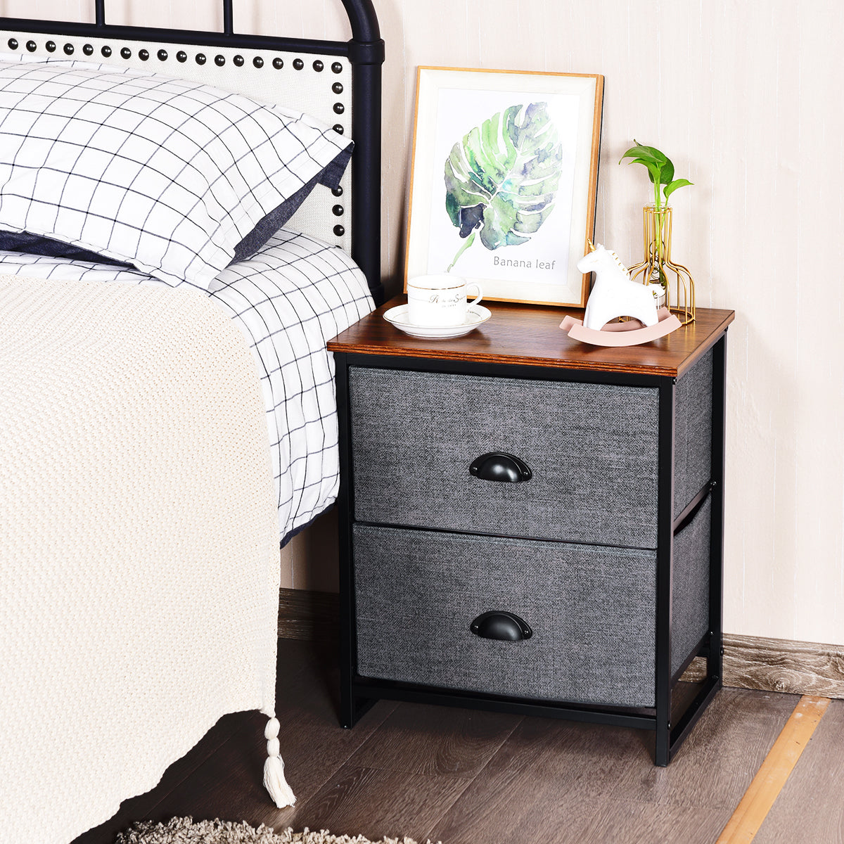 3/4 Fabric Nightstand Bedside Storage Cabinet Folding Drawers-4-Tier-Black