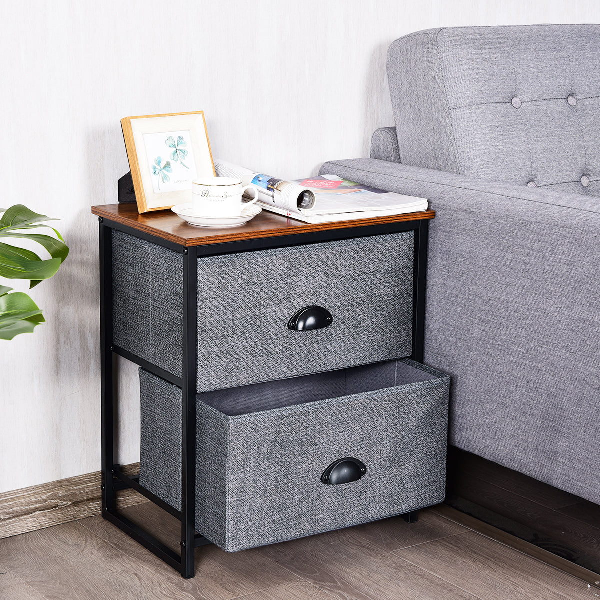 3/4 Fabric Nightstand Bedside Storage Cabinet Folding Drawers-4-Tier-Black
