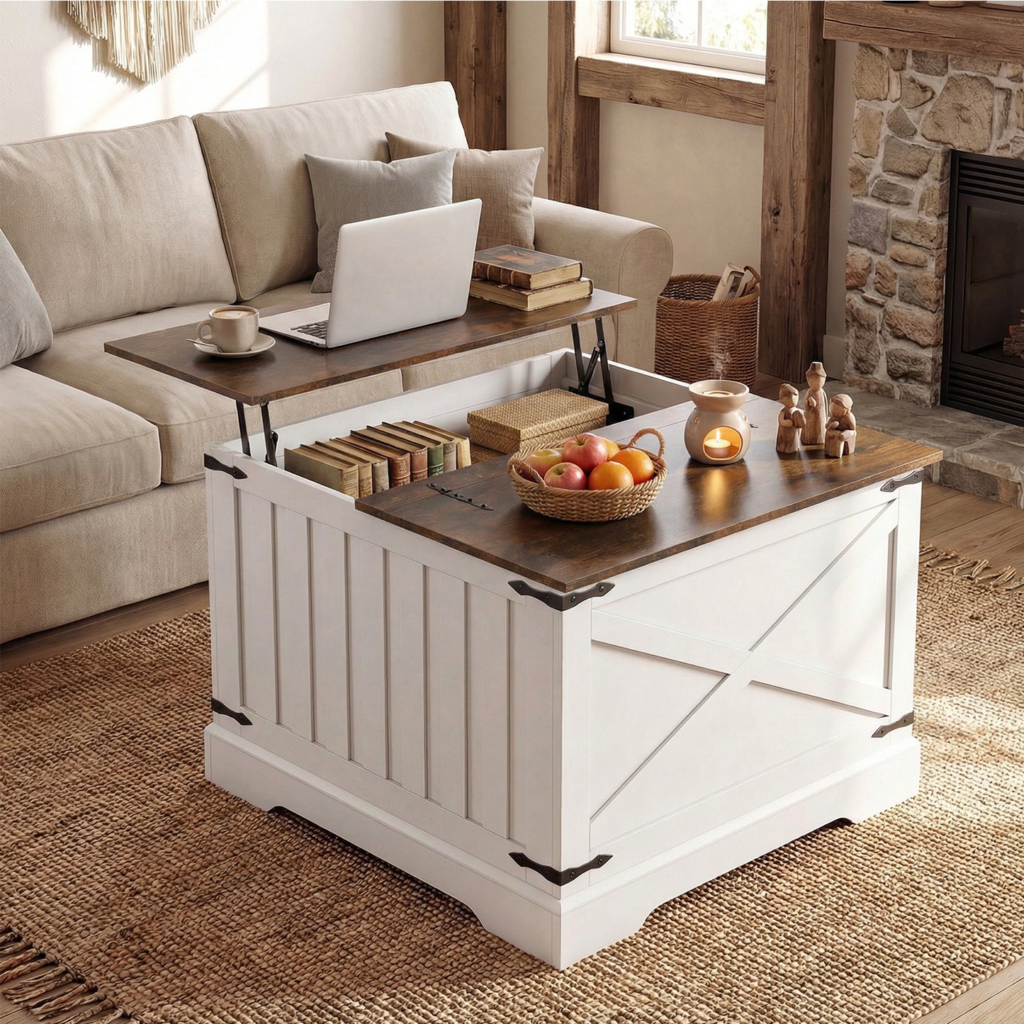 Farmhouse Lift Top Coffee Table 80CM Square Center Table with Hidden Storage Compartment-Brown