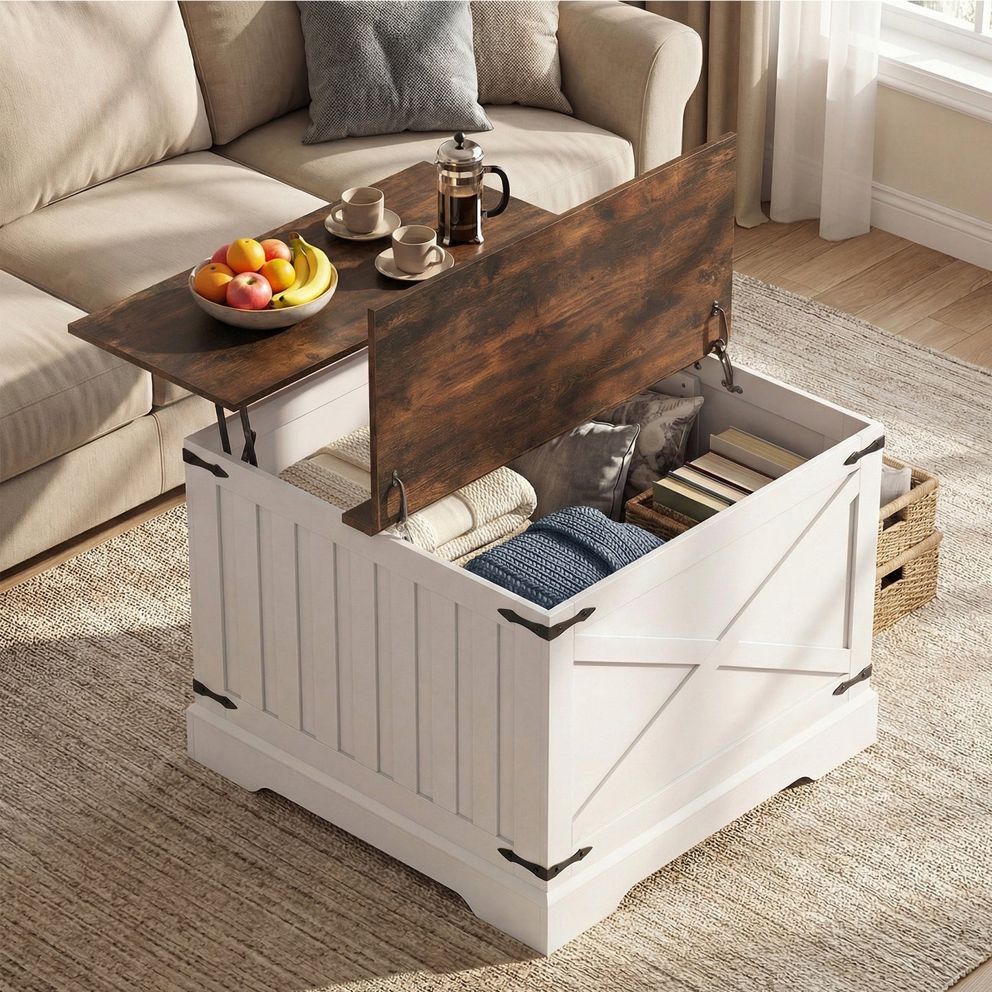 Farmhouse Lift Top Coffee Table 80CM Square Center Table with Hidden Storage Compartment-Brown