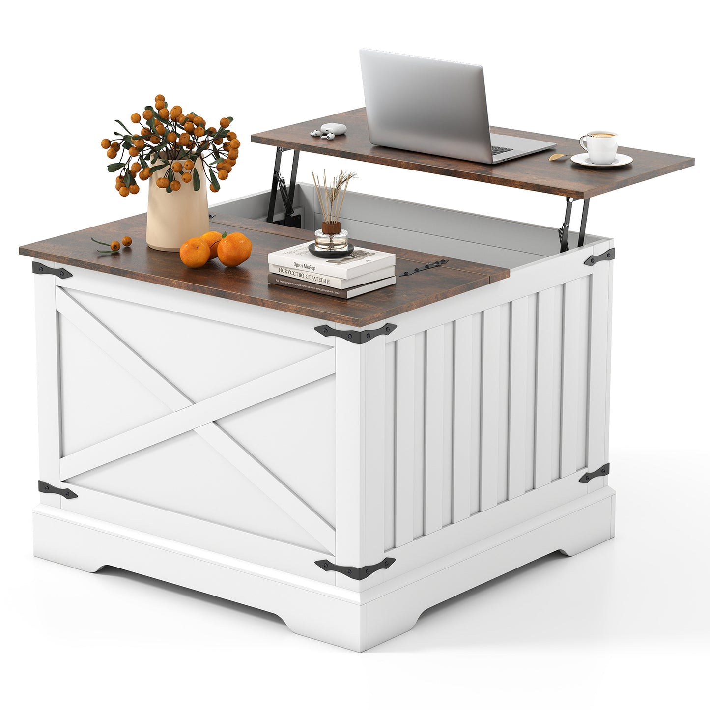 Farmhouse Lift Top Coffee Table 80CM Square Center Table with Hidden Storage Compartment-Brown