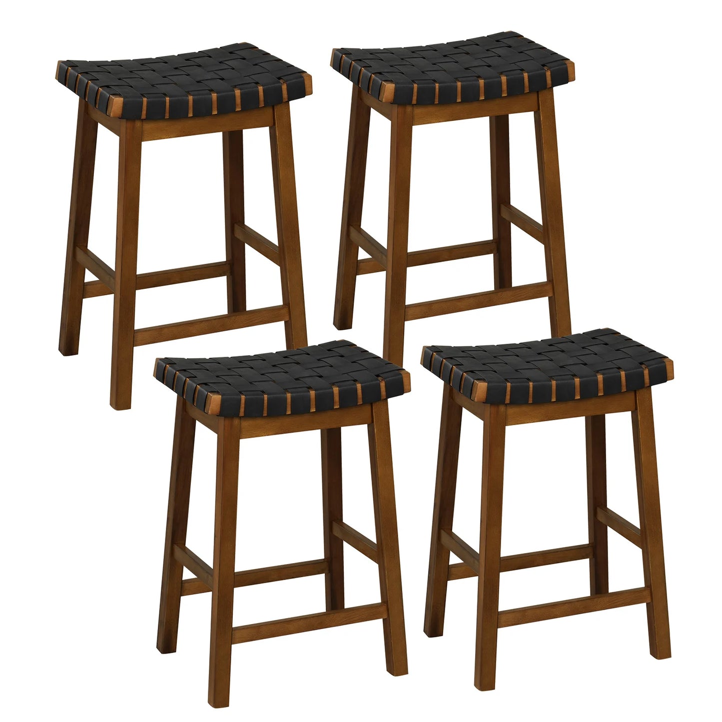 Faux PU Leather Counter Height Stools Set of 4 with Woven Curved Seat-Black and Brown