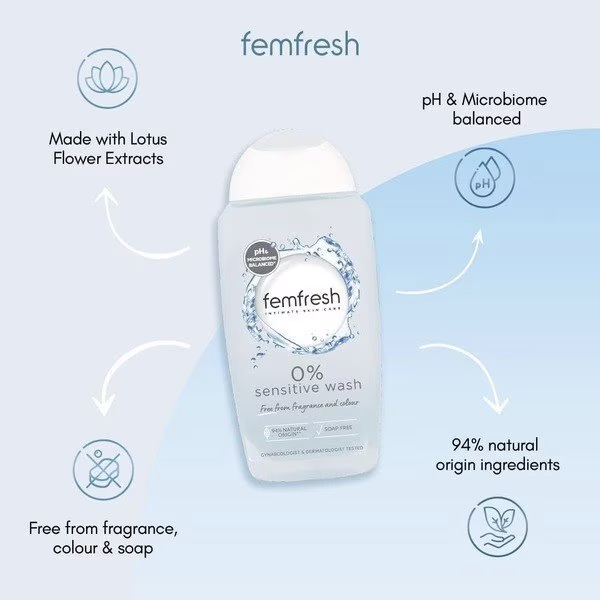Femfresh 0% Sensitive Wash Gentle Intimate Cleansing for Women 250 ml / 8.45 oz