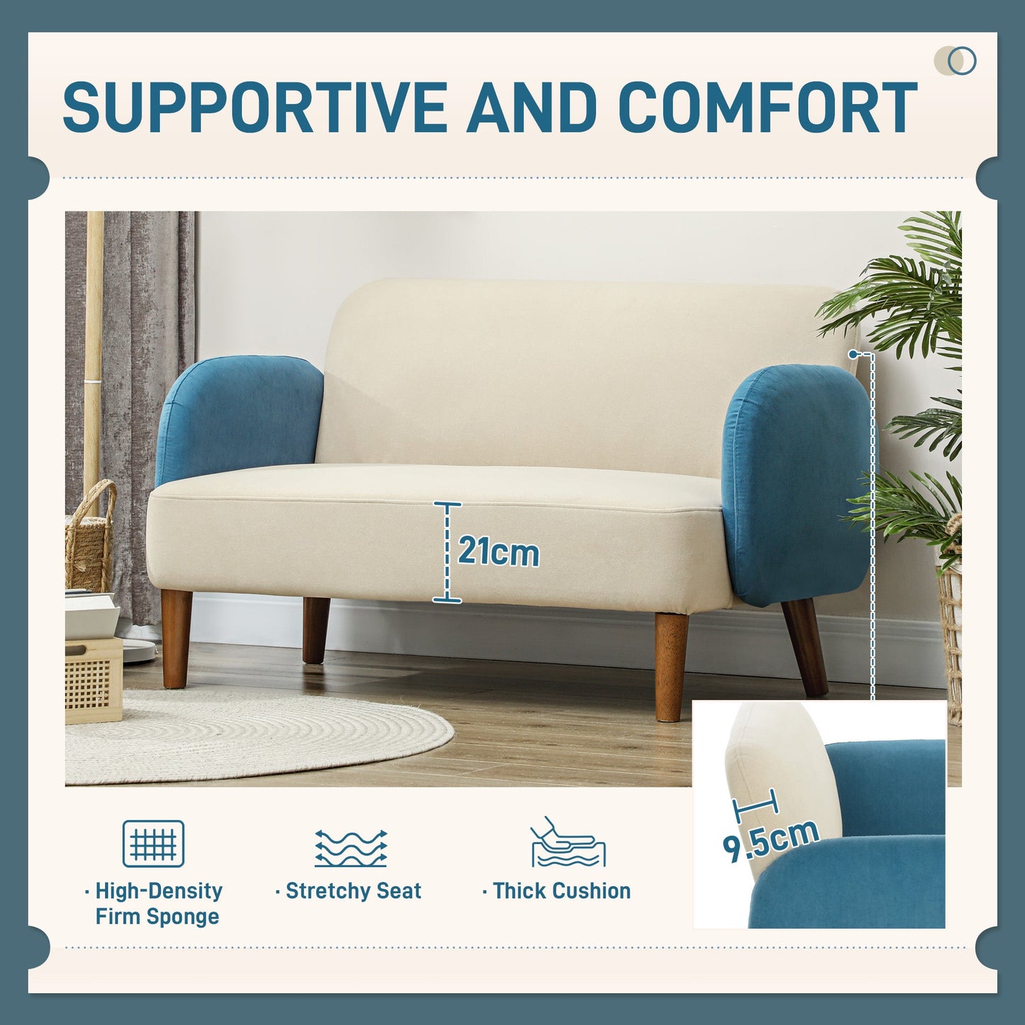 HOMCOM Modern 2 Seater Sofa w/ Rubber Wood Legs 130 x 74 x 76cm